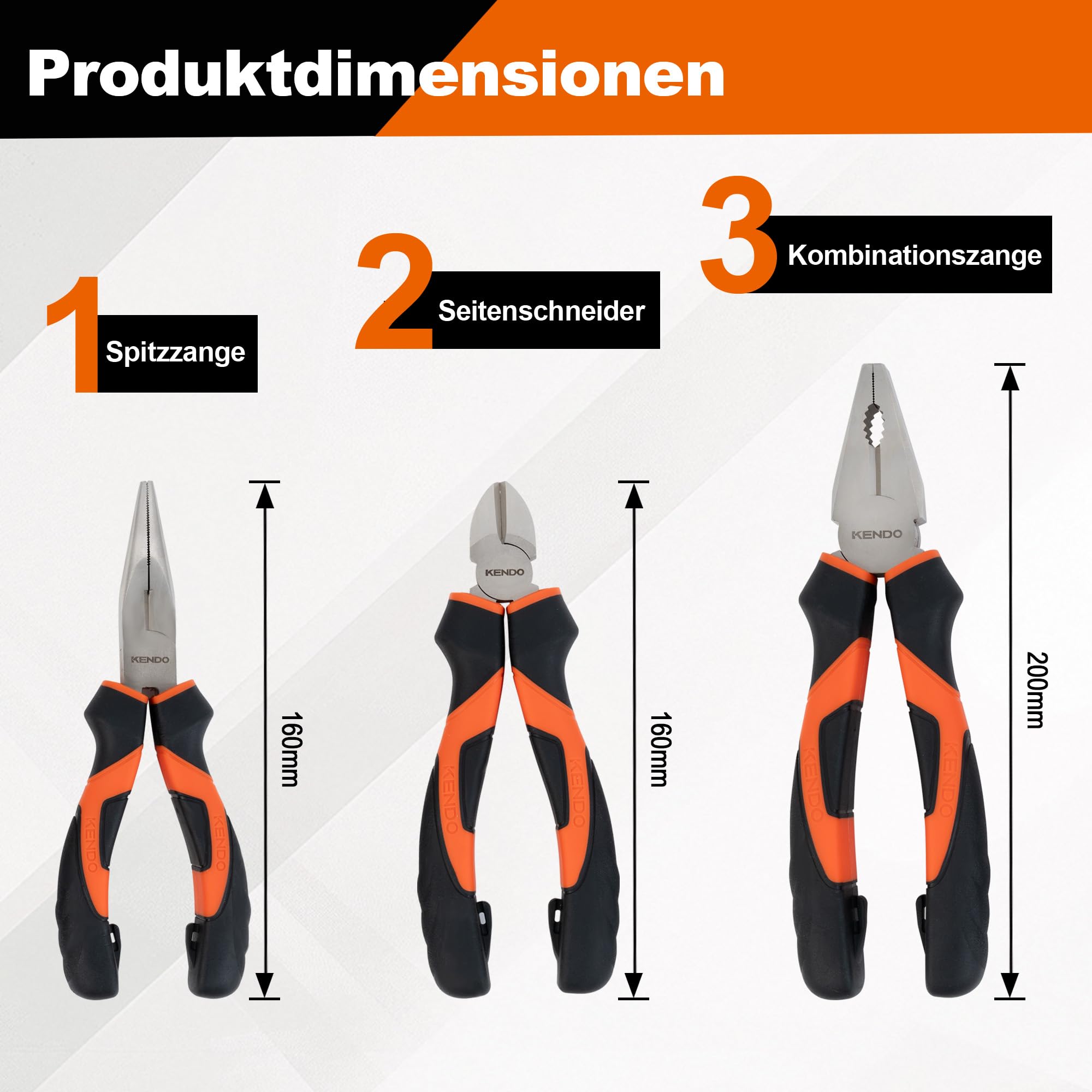 KENDO Zangenset 3-tlg – Kombizange, Spitzzange & Seitenschneider