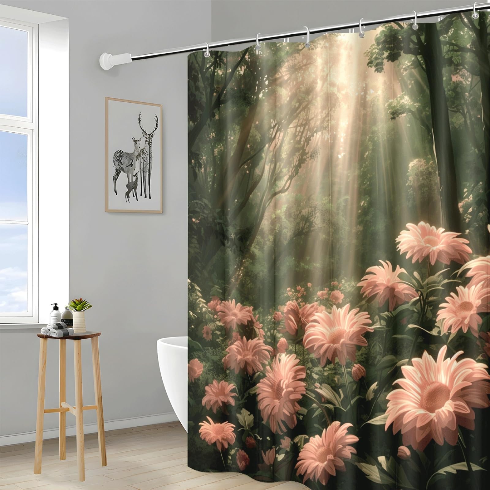 Tenda Doccia Piante Verdi Marroni Tenda Doccia Antimuffa Impermeabile Poliestere Lavabile con 12 Ganci Facile da Installare Tende Finestra Bagno per Dormitorio Hotel(180x220cm)