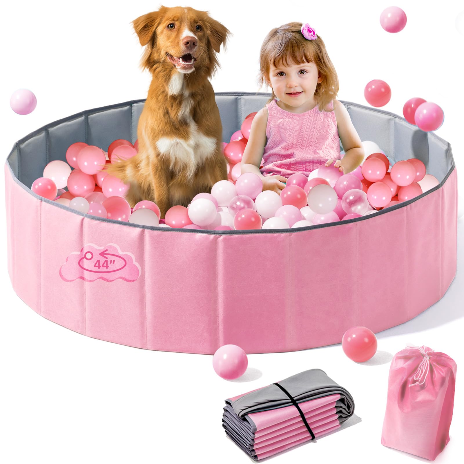 Hikiddy Large Ball Pit for Toddlers - 44 in Baby Ball Pit with Pop-Up Playmat, Foldable Kids Ball Pool, Dog Play Pit, Indoor and Outdoor Use, Hold