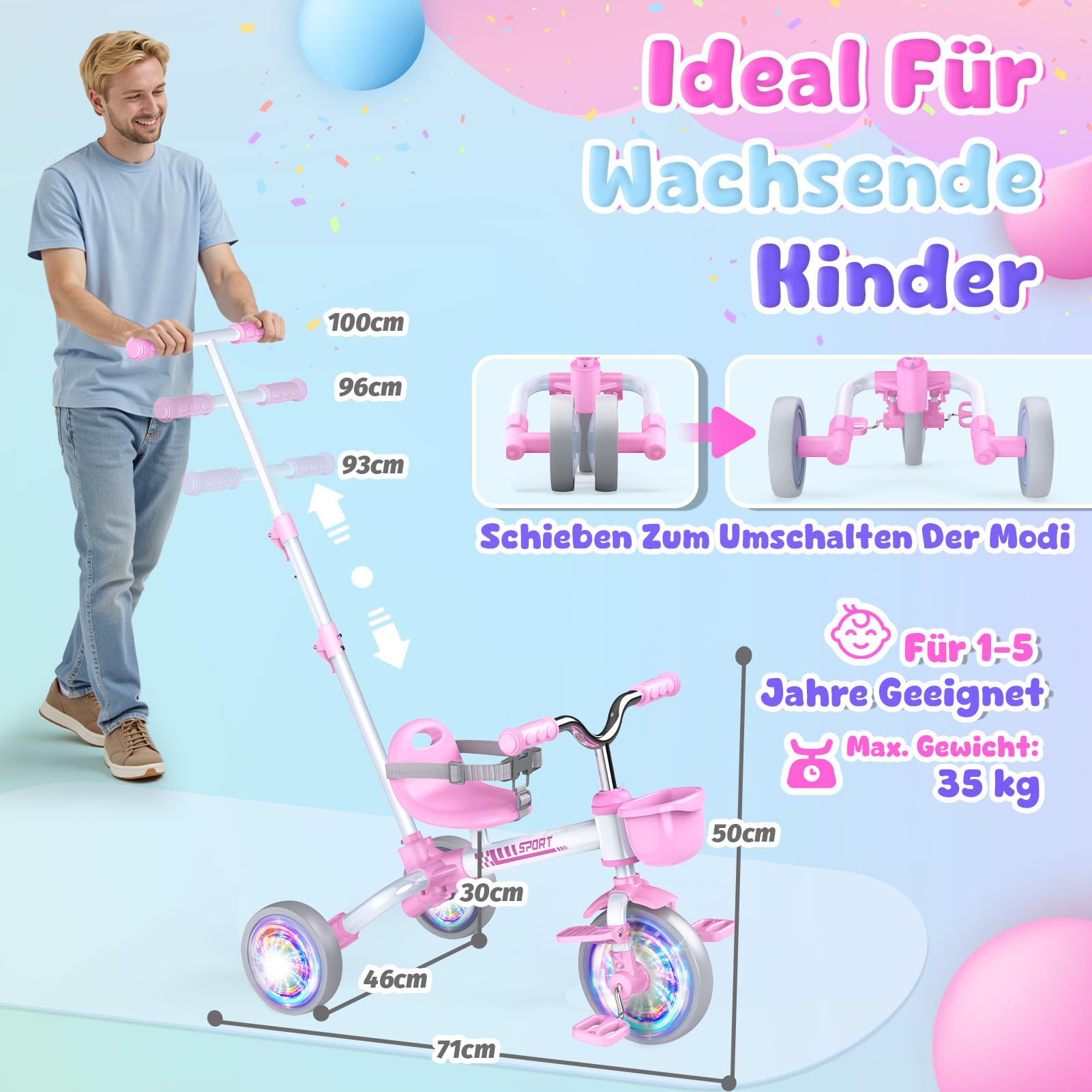 HappyGoLucky 5 in 1 Dreirad Mit Schubstange, Laufrad Ab 1-5 Jahre-Leuchtende Räder/Verstellbare Pedale&sitze, Spielzeug Geschenk Ab 1-5 Jahre Mädchen Ostern Kinderspielzeug Outdoor Spiele Spielzeug