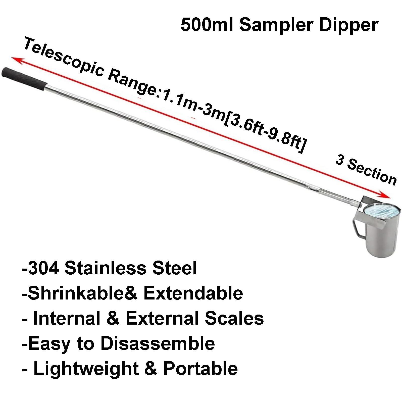Wasserprobenehmer – Teleskop-Probenahmestange aus Edelstahl mit 500 ml Eimer und vertikalem Schwingdesign für Wasserproben aus verschiedenen Tiefen