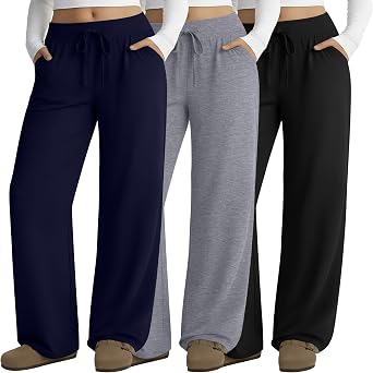 Neer 3 Pack Womens Plus Size Lounge Pants, Wide Leg Yoga Pants Baggy Drawstring Sweatpants with Pockets Casual Loose Jogger