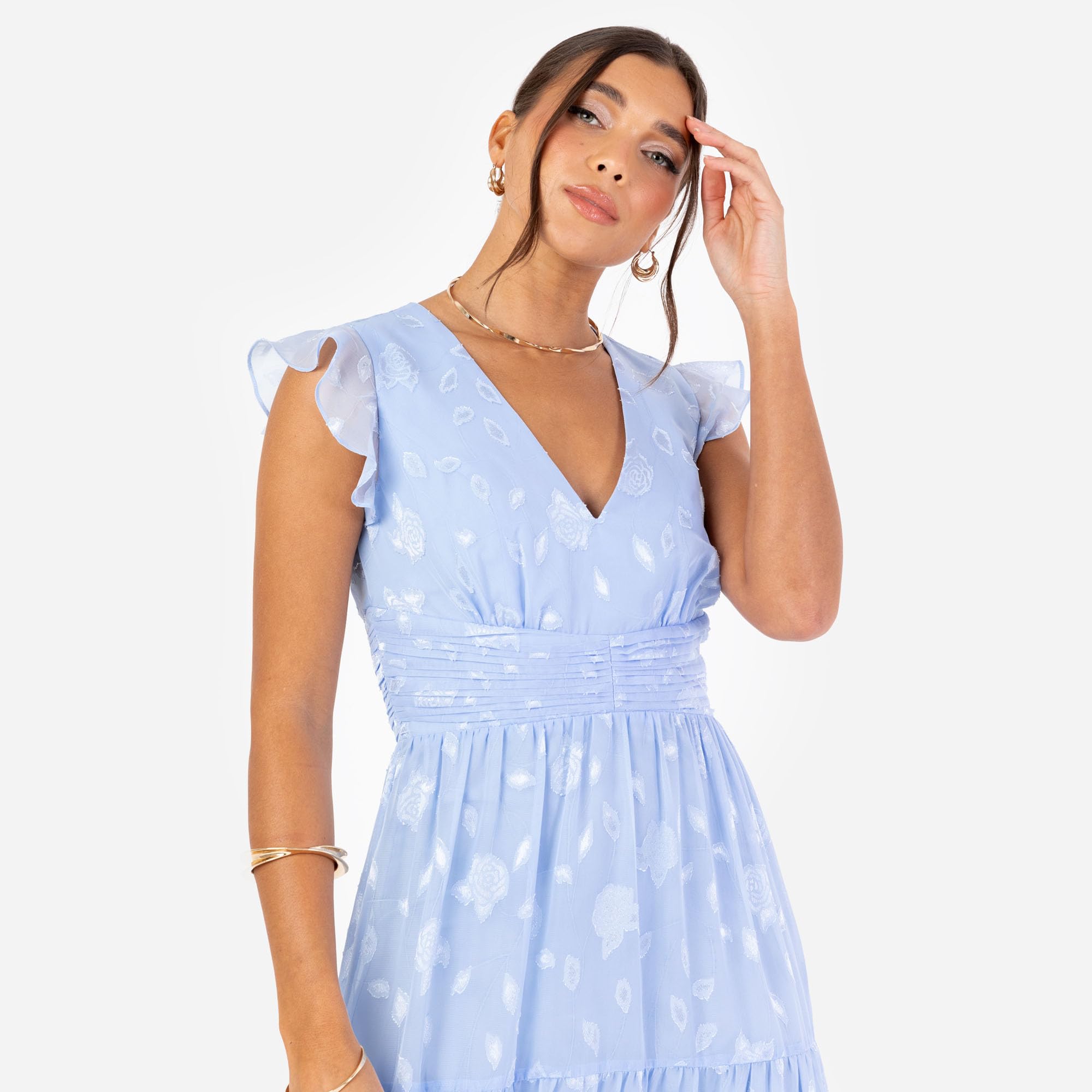 Women's Maxi Dress Ladies V-Neck Flutter Sleeve Floral Tiered Ruffle Bridesmaid Wedding Guest Prom Evening Occasion