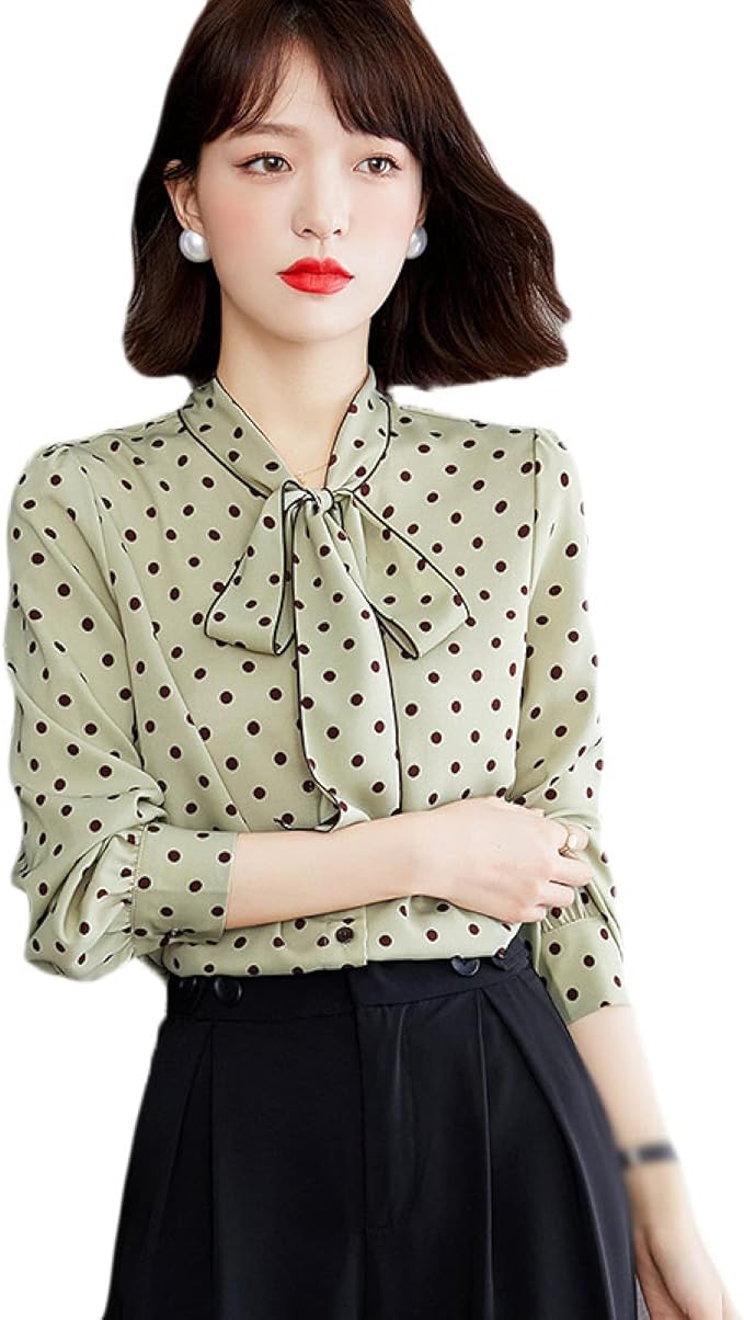 Amazon ブラウス シャツ トップス レディース 長袖 シフォン ハイネック ドット柄 おしゃれ カジュアル ボウタイブラウス ボリューム袖 きれいめ 水玉柄 リボンシャツ 白 グリーン トップス 春夏 オフィス ビジネス 事務服 母の日 プレゼント シャツ ブラウス 通販