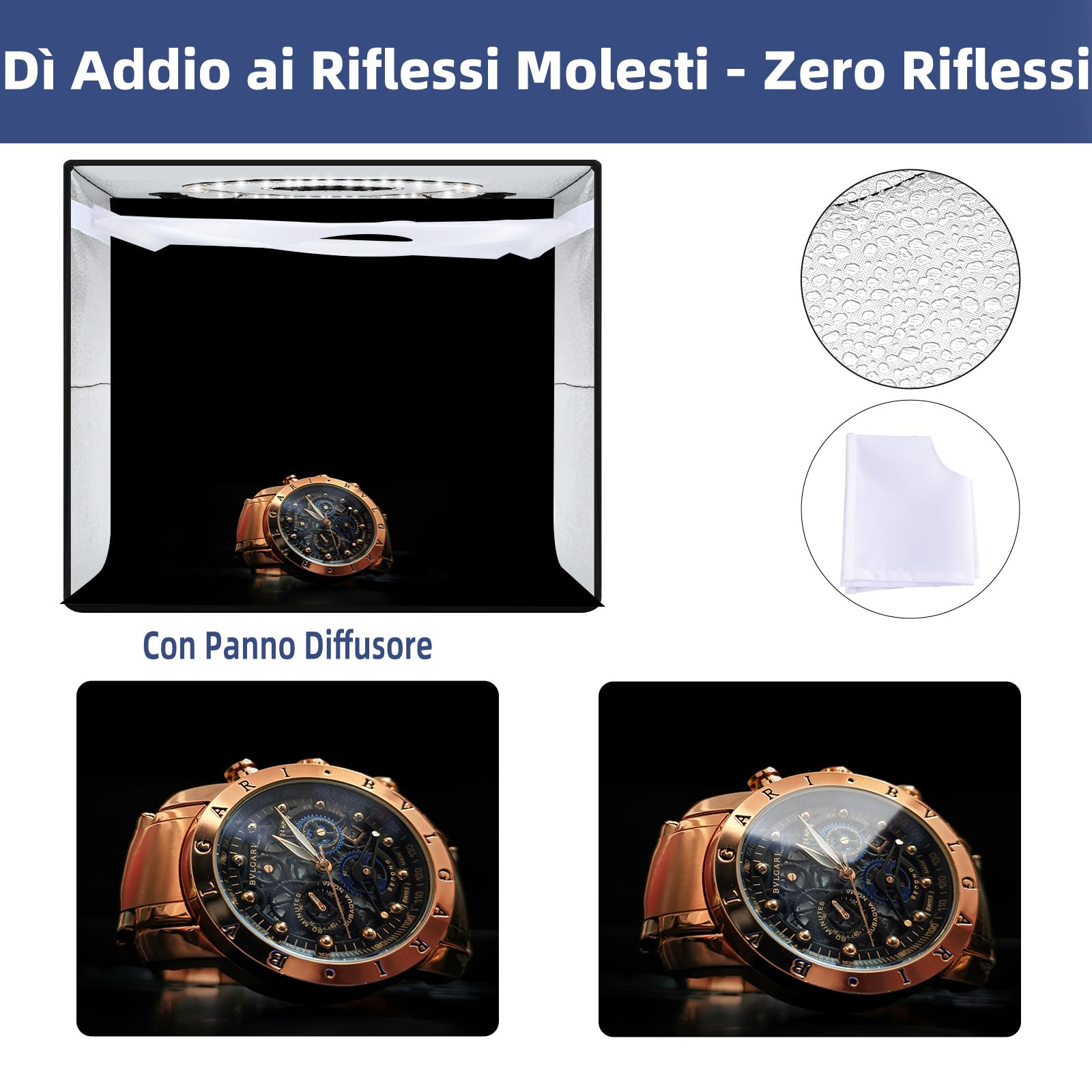 Yanuoda Scatola Luce Fotografica Portatile 30x30cm | 120 LED Regolabili (Luce Bianca/Fredda/Calda) | 6 Sfondi PVC | Tenda Superiore per Gioielli | Kit Studio Fotografico Professionale