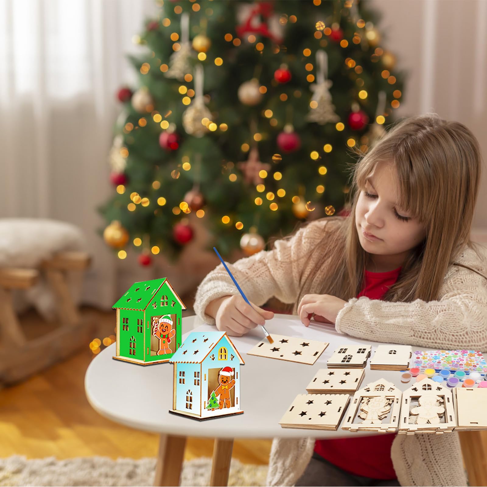 WEDNOK Weihnachts Bastelset - 7 Holzhäuser Zum Bemalen Für Kinder