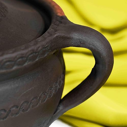 Miniatura 5 de Olla de cocina primitiva oscura flameada de viento alto con asas, grabada a mano, hecha de arcilla de fuego: diseño compacto para estufa y fuego