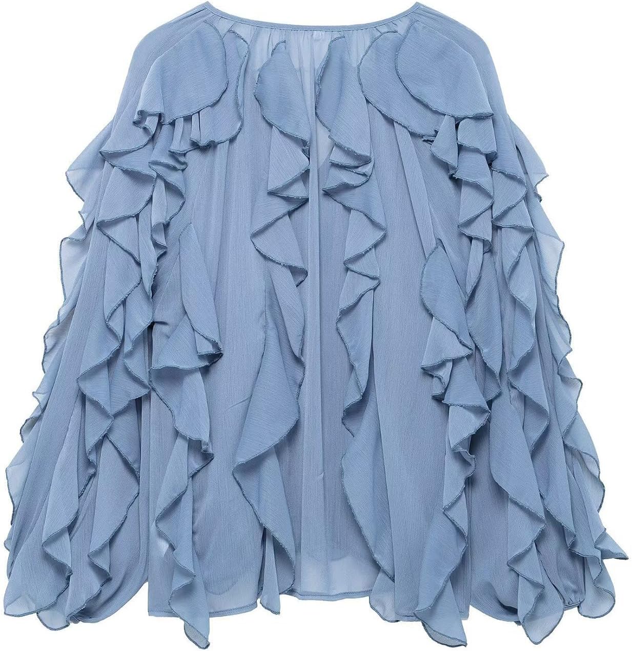 LETSVDO Women's Ruffle Chiffon Tops Puff Sleeve Sheer See Through Button Down V Neck Bubble Loose Casual Blouses Shirts - Image 7