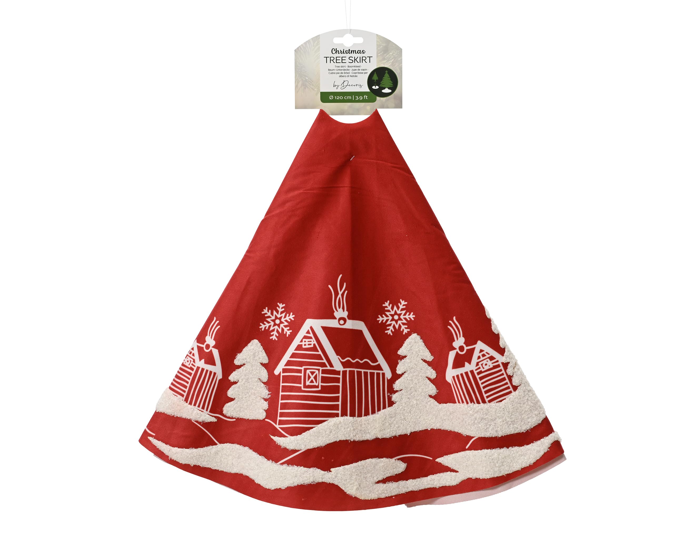 Couverture pour sapin de Noël rouge de 120 cm avec son tapis rond au motif de paysage d'hiver