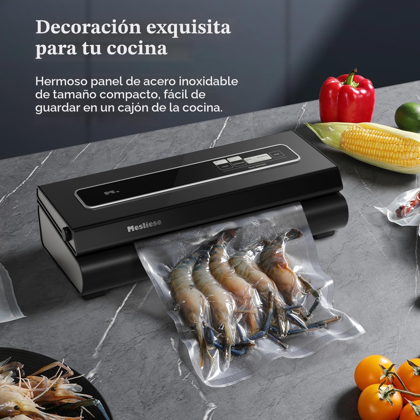 Mesliese - Máquina de envasado al vacío para alimentos, 90 kpa, potente máquina de envasado al vacío, 6 en 1 compacta de alimentos, 2 rollos de bolsa y 5 bolsas precortadas (gris)