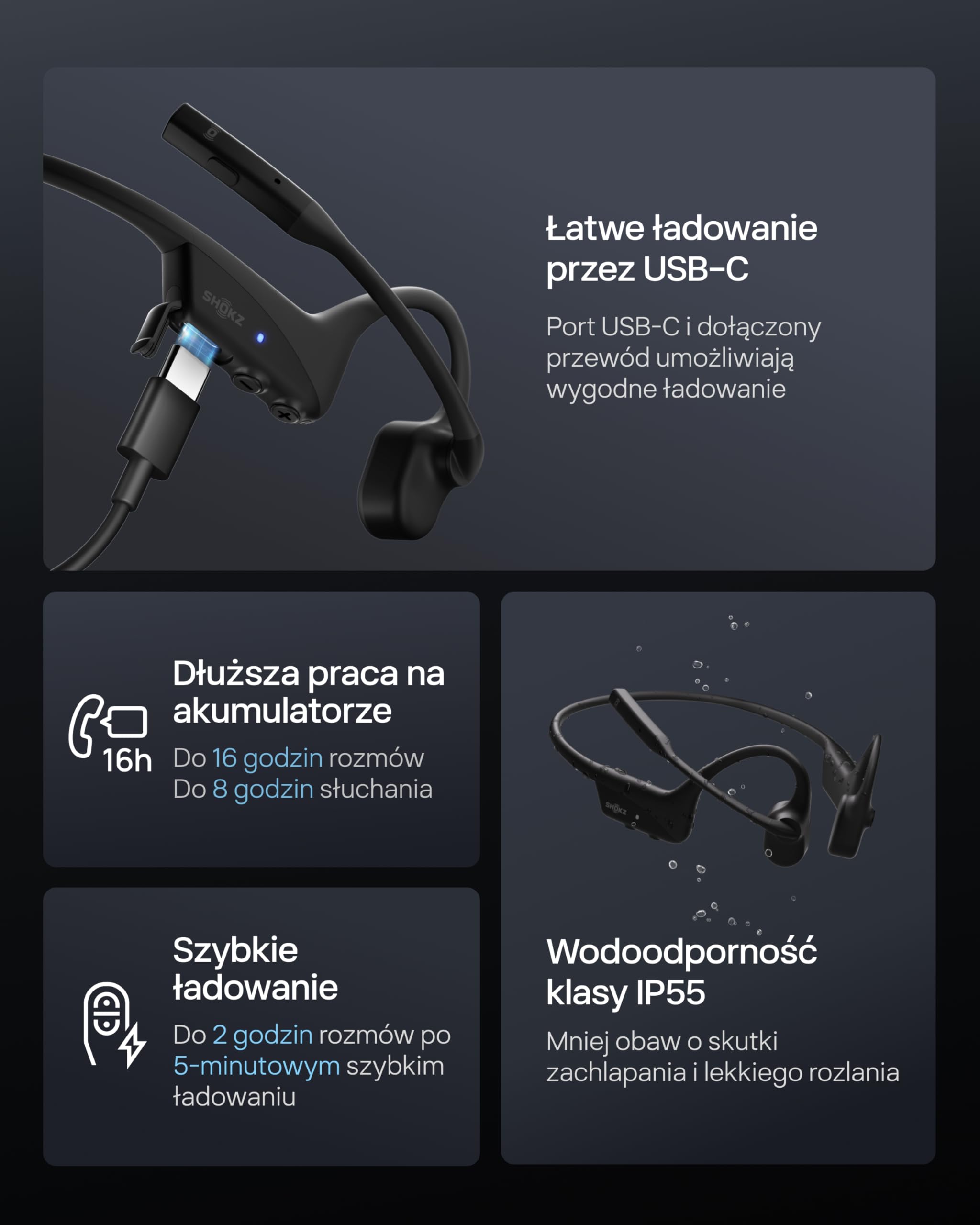 SHOKZ OpenComm2 UC 2025 Upgrade Słuchawki przewodzenia kostnego z adapterem USB-C, otwarte słuchawki Bluetooth z mikrofonem redukcji szumów, bezprzewodowe słuchawki otwarte ucho do pracy, i Zakładki