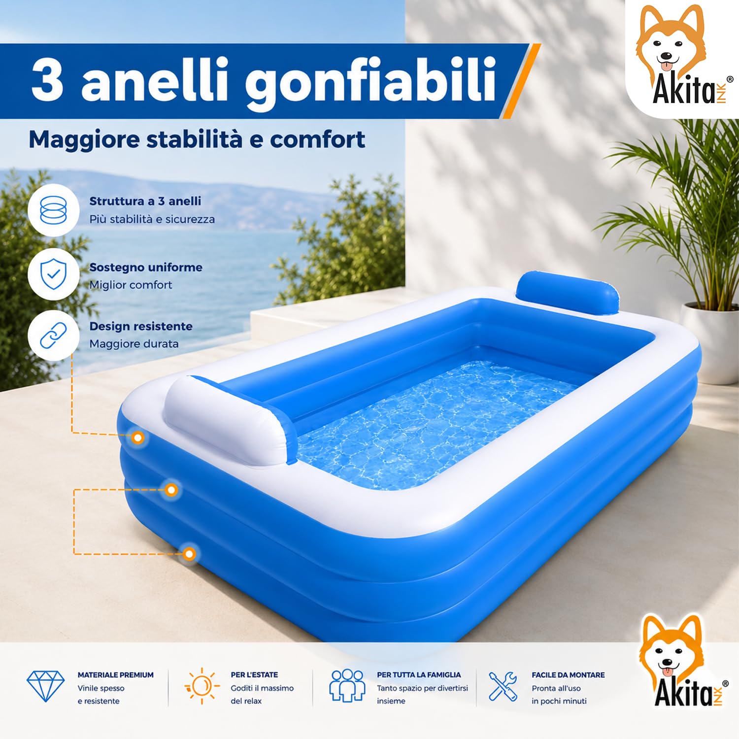 Akitaink Piscina Gonfiabile 305x183x56 cm con 3 Anelli, Piscina Familiare in Vinile Resistente per Giardino, Colori Azzurro e Bianco, Adatta ad Adulti e Bambini dai 6 Anni