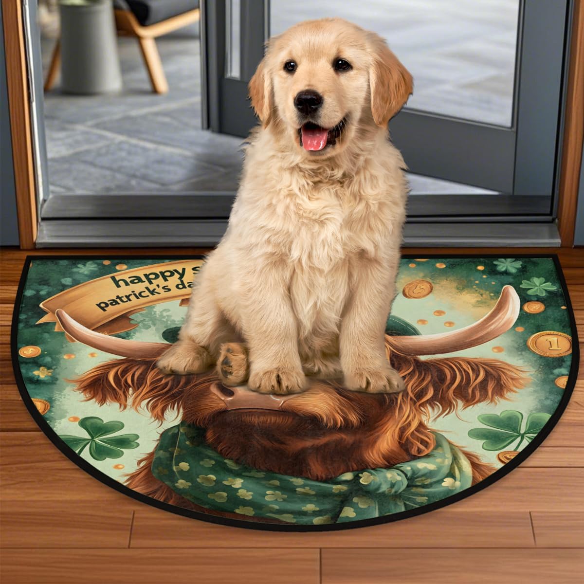 Front Door Mat Indoor Outdoor Entrance, St. Patrick's Day Highland Cow Half Round Door Mat Absorbent Non-Slip Backing Welcome Doormat Entryway Floor Mats for Kitchen Fireplace 36" x 24"
