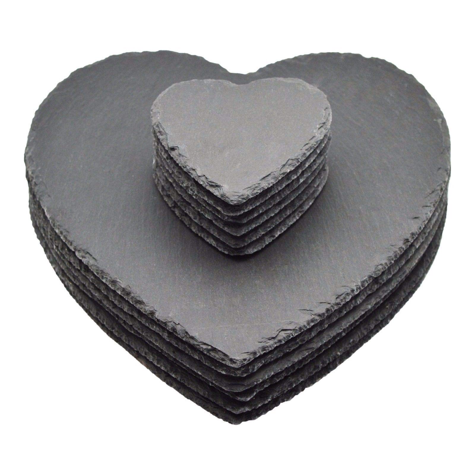 Argon Tableware 12 Piece Heart Slate Placemats & Coasters Set - Black Natural Stone Dinnerware Plate Placemats Drink Mats for Kitchen, Home, Bar, Restaurant, Weddings, Events
