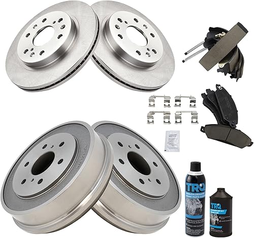 TRQ Pastilla y rotor de freno delantero y trasero, kit de zapata y tambor de cerámica compatible con Chevrolet Silverado 1500 2007 Silverado 1500