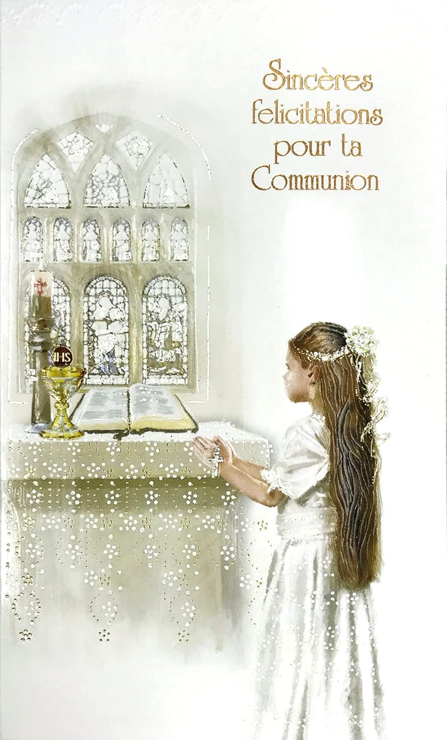 Sincere Girl Communion Card Congratulations Christian Church Catholic Bible Candle Ostie Cup with Envelope Size 12 x 19.5 cm FSC Ecolabel Paper Sustainable Management Forests Made in Europe 19-635