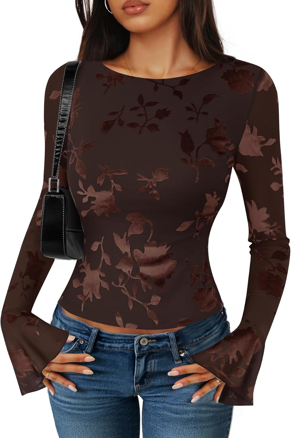 ZESICA Womens Bell Long Sleeve Going Out Tops 2026 Spring Trendy Mesh Floral Fitted Shirts Cute Date Y2k Top Outfits