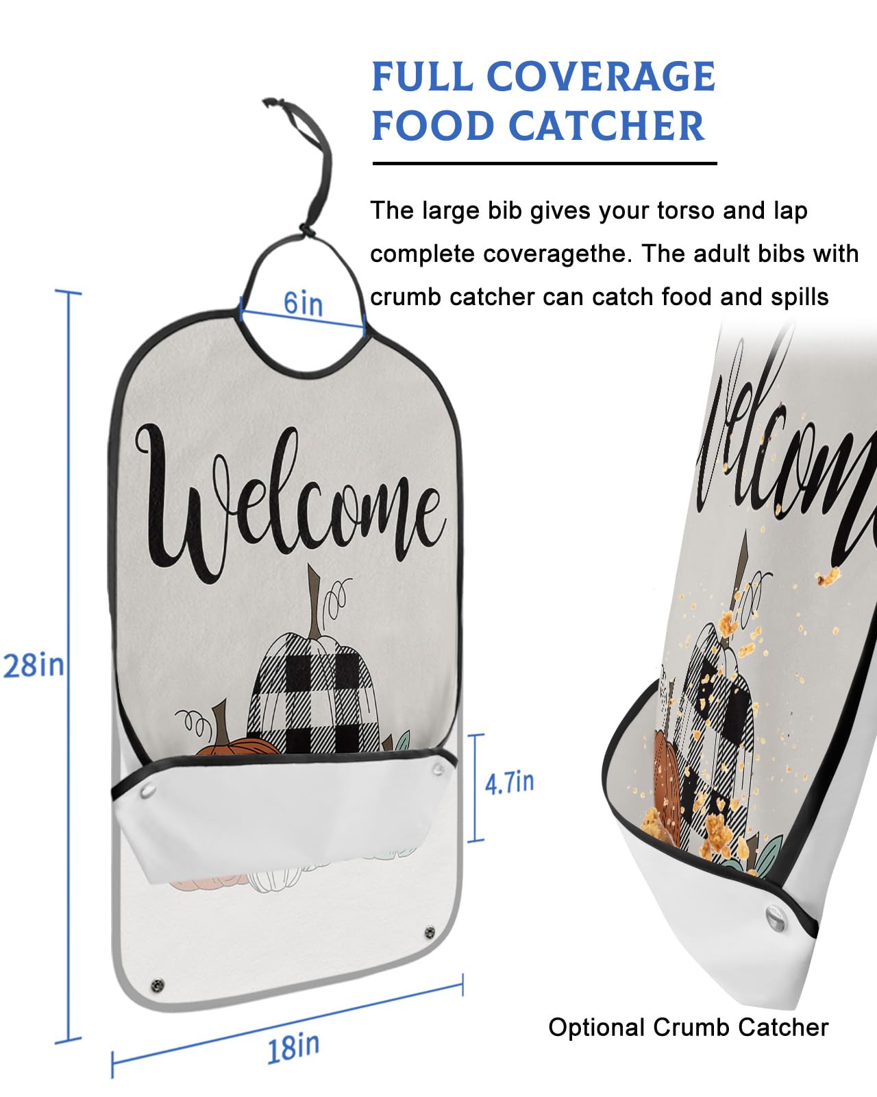 Welcome Fall Adult Bib for Eating with Crumb Catcher,Washable & Waterproof Terry Cloth Adjustable Elderly Women Men Adult Bibs Funny Clothing Protector Thanksgiving Plaid Pumpkins Farmhouse Décorer