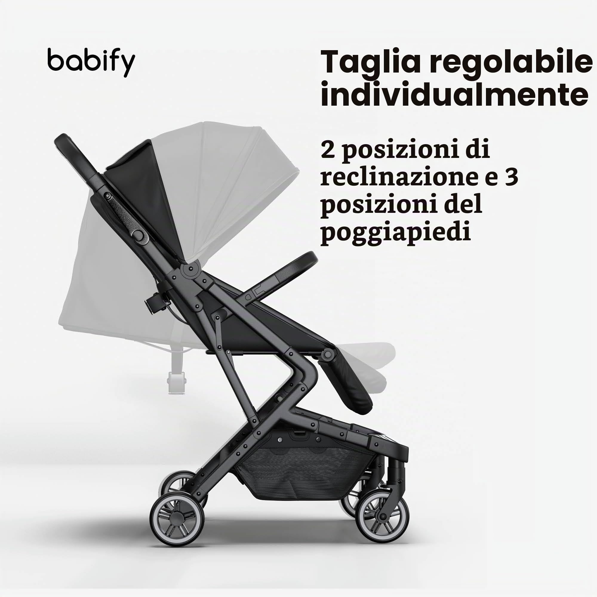 Babify Urban Ease Passeggino Leggero - Da 0 a 4 Anni (22 kg), Ripiegabile con Una Mano, Reclinabile, Poggiapiedi Regolabile, Fodera Rimovibile, Cestino, Tettuccio con Finestra, Nero