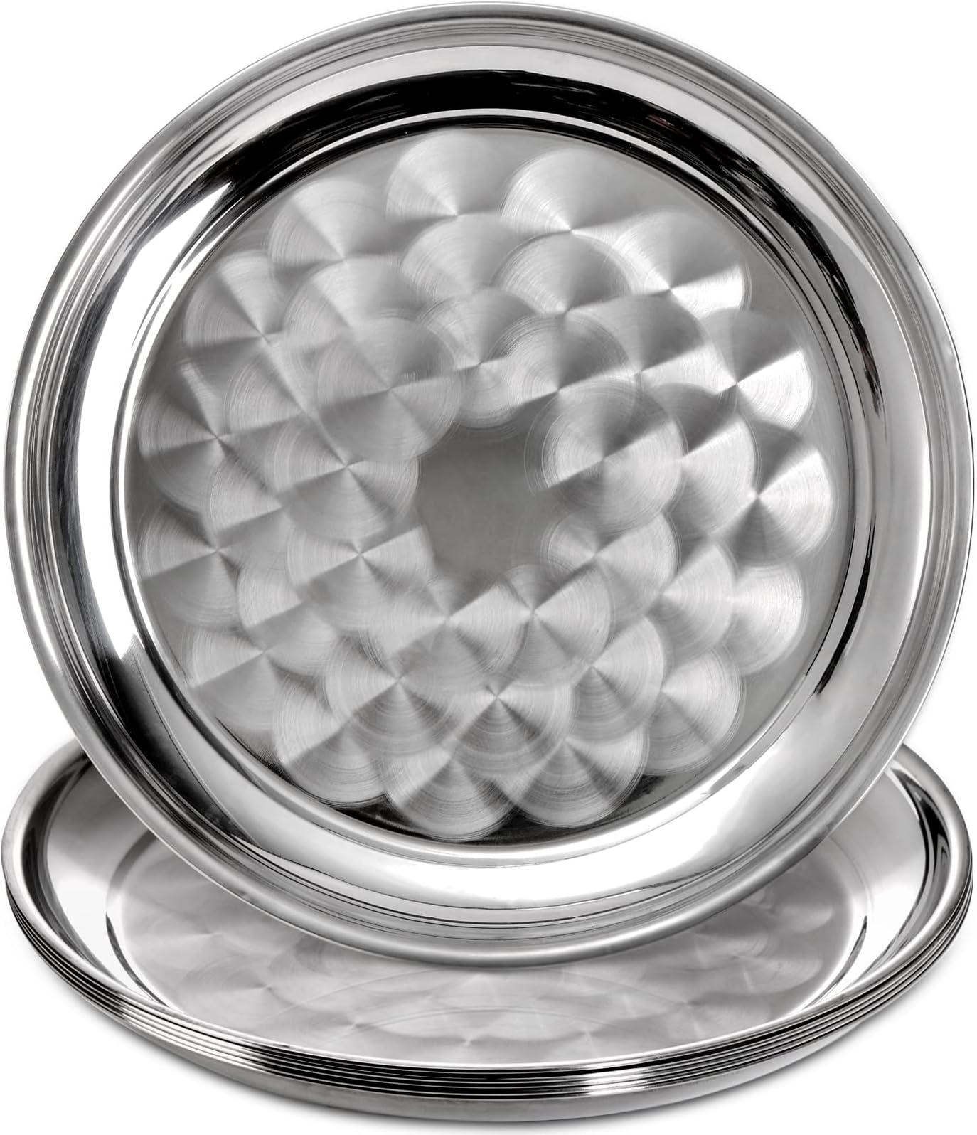 ZEAYEA 6 Pack Stainless Steel Round Tray, 12 Inch Bar Serving Tray with Swirl Pattern, Silver Display Serving Platter, Round Metal Tray for Coffee Table, Party, Club, Home, Ottoman