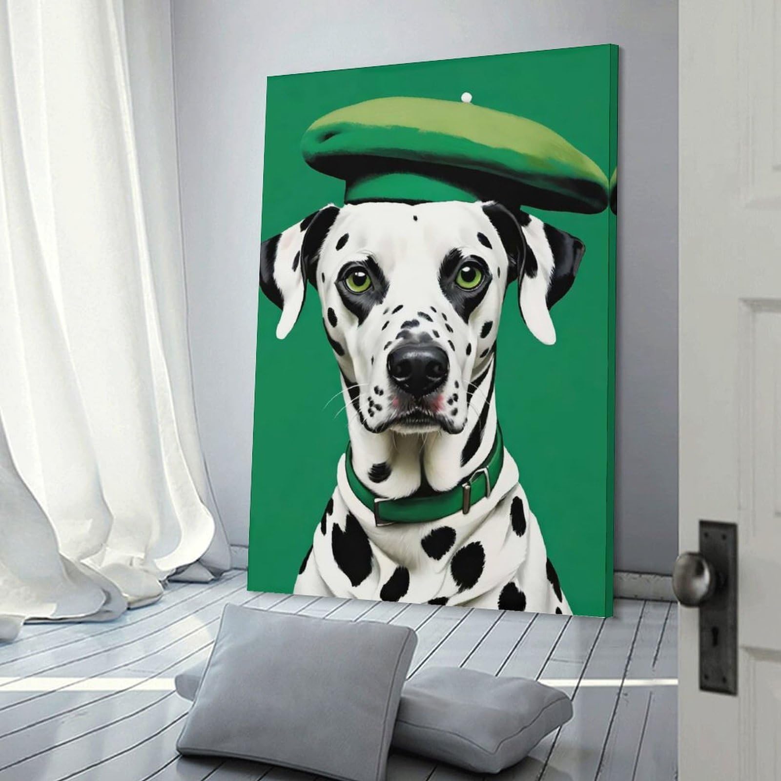 Junmoney Dalmatian Dog Green Art Canvas Wall Art, 24x36inch(60x90cm), for Bedroom, Guest Room Or Reading Nook, Decorative Wall Art for Cosy Rooms
