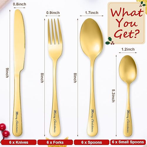 Miniatura 2 de Tioncy Juego de cubiertos de Navidad de 24 piezas de acero inoxidable, tenedores, cuchillos y cucharas, juego de cubiertos de Navidad para el hogar,
