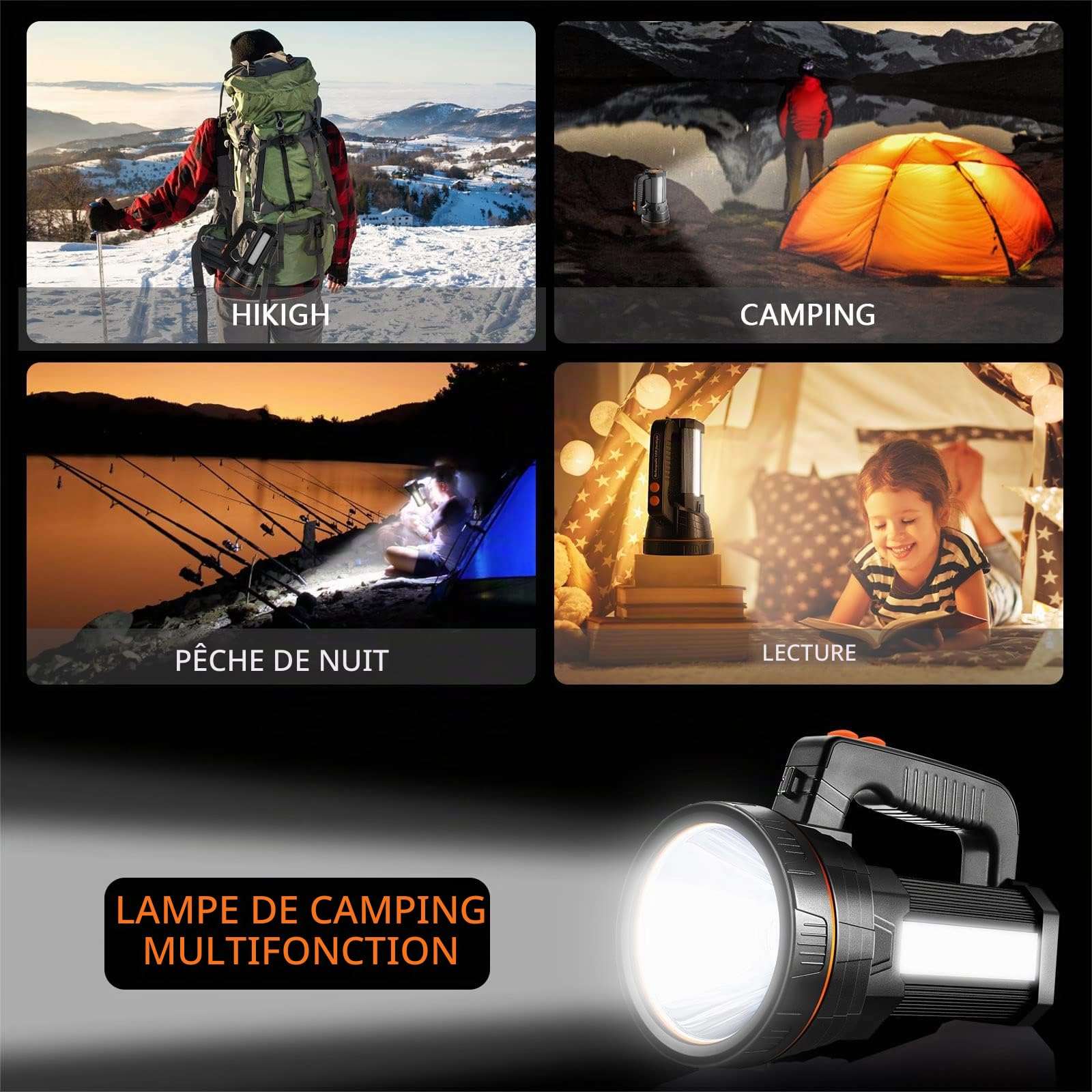 Lampe torche rechargeable Af-Wan portable puissante à LED super lumineuse 9000 mAh 7000 lumens avec lumière latérale Étanche charge USB Charge téléphone