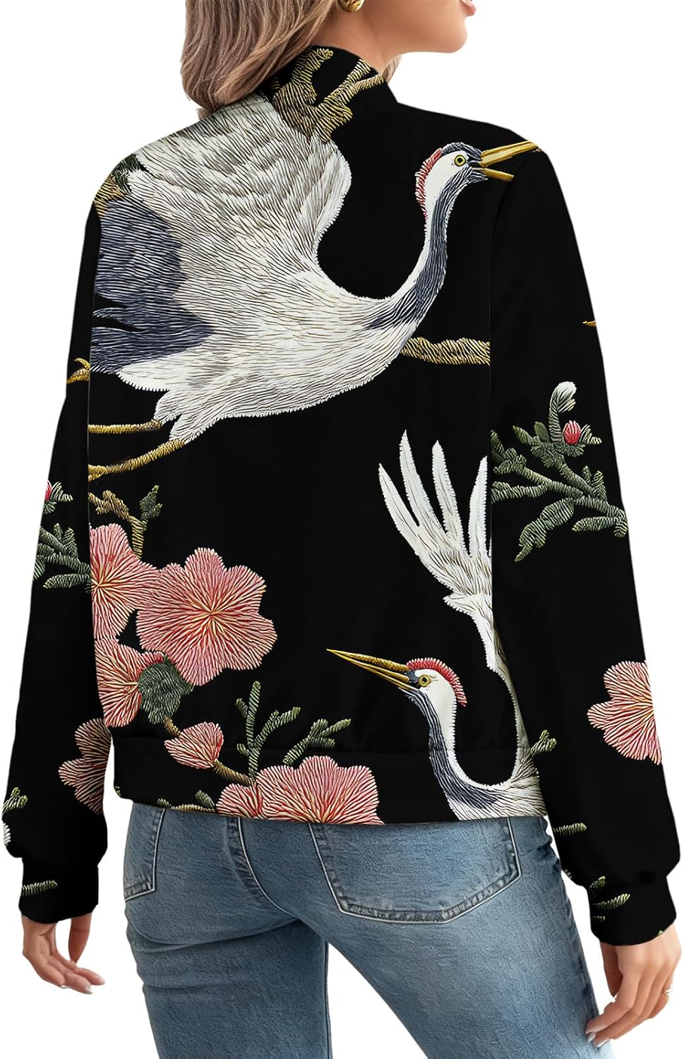 LIZALIG Women's Floral Print Bomber Jacket Casual Vintage Zip Coat Lightweight Long Sleeve Outwear Tops Windbreaker - Image 6