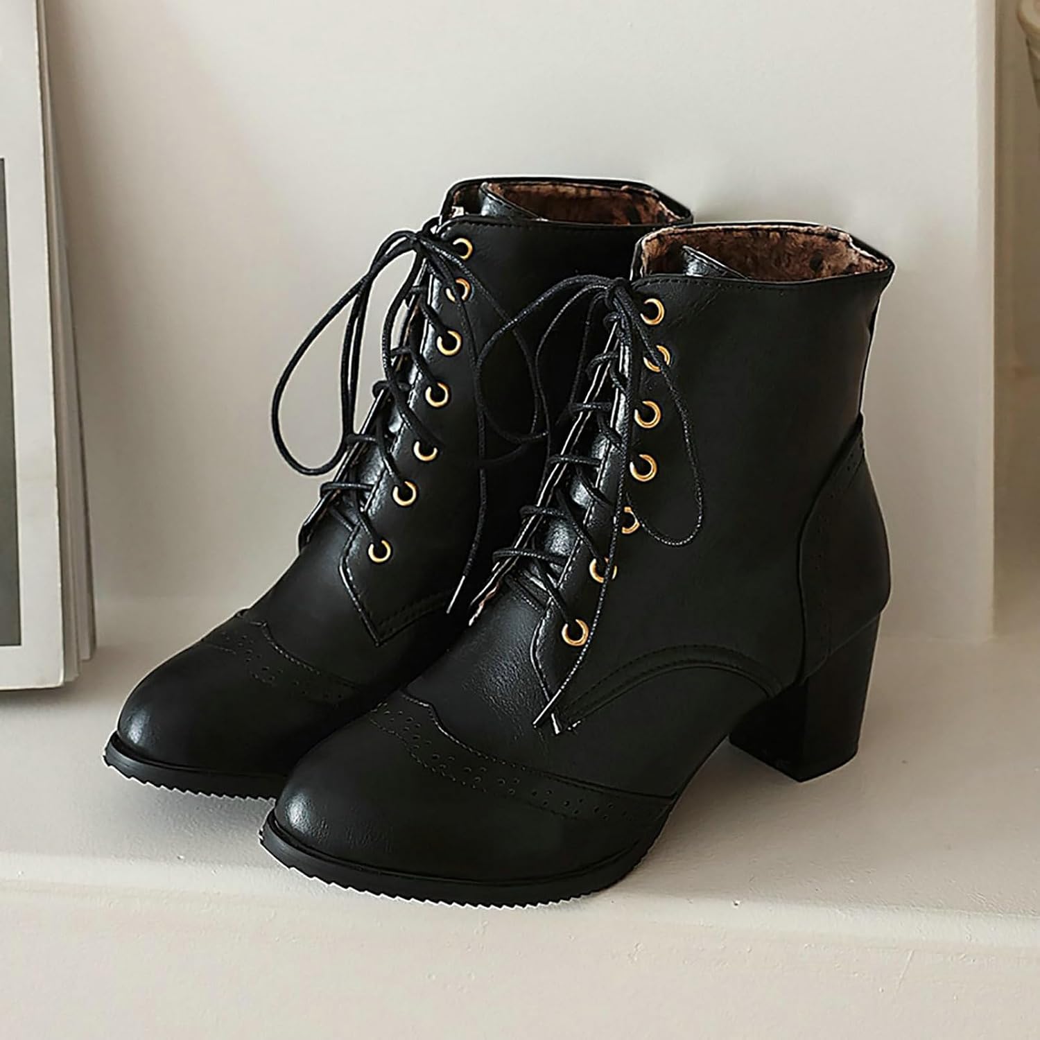 Uniquelly Womens Wingtip Booties Chunky Heel Ankle Boots Lace Up Round Toe Vintage Comfortable Winter Shoes (Black,US10) - Image 7