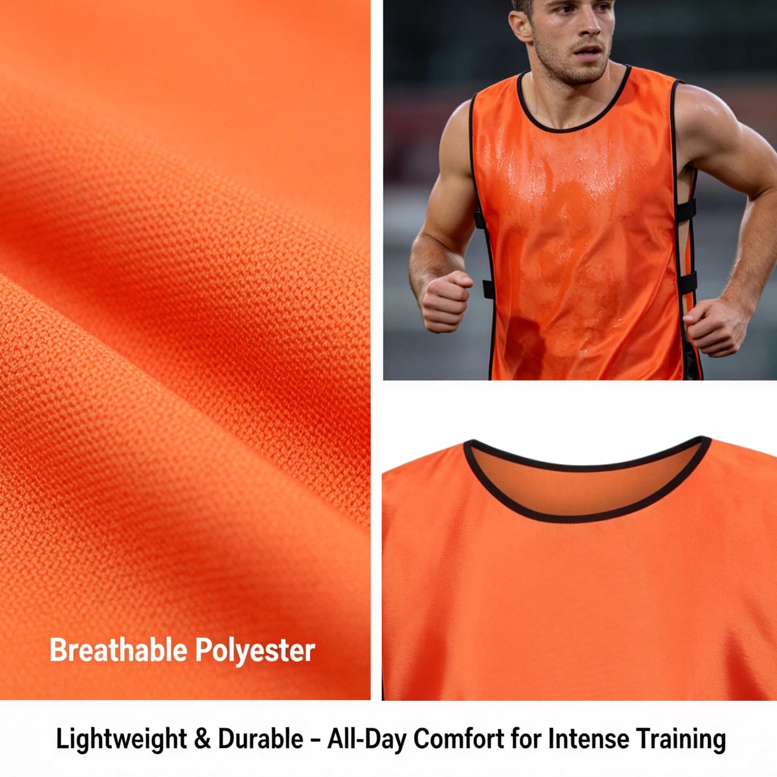 Lot de 12 Chasubles de Football pour Adultes et Jeunes, Chasuble Football, Gilet Sport Adultes Maillots, Gilets d’Entraînement Respirant, Training Gilets pour Foot, Basket, Orange, 70 x 47 cm