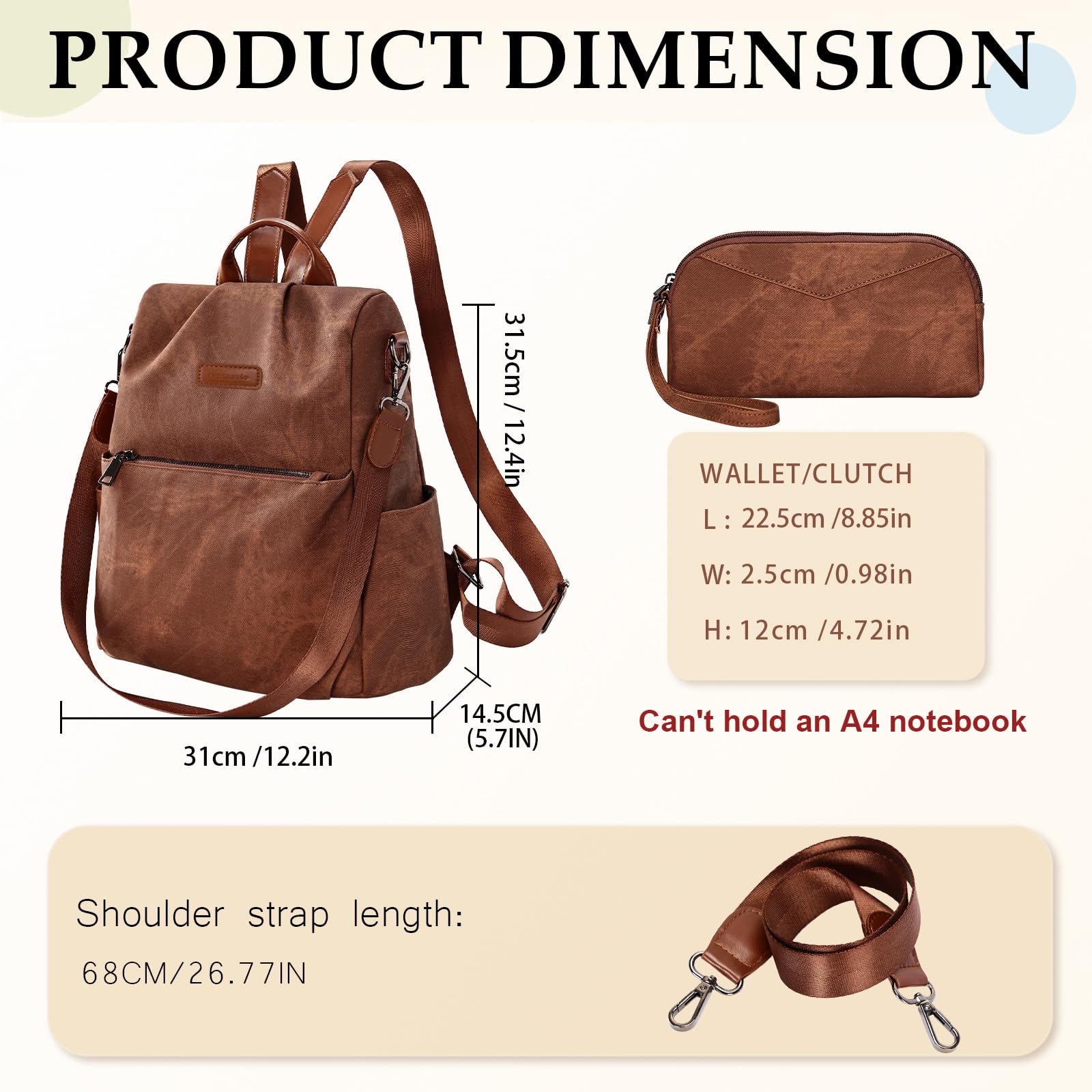 Leathario Rucksakck Damen klein,Veganes Leder Cityrucksack,Rucksackhandtasche Diebstahlsicher,Elegant Tagesrucksack für Büro,Pendeln,Arbeit,Leicht Mittelgroß Backpack Women für Reise, Ausflug Braun