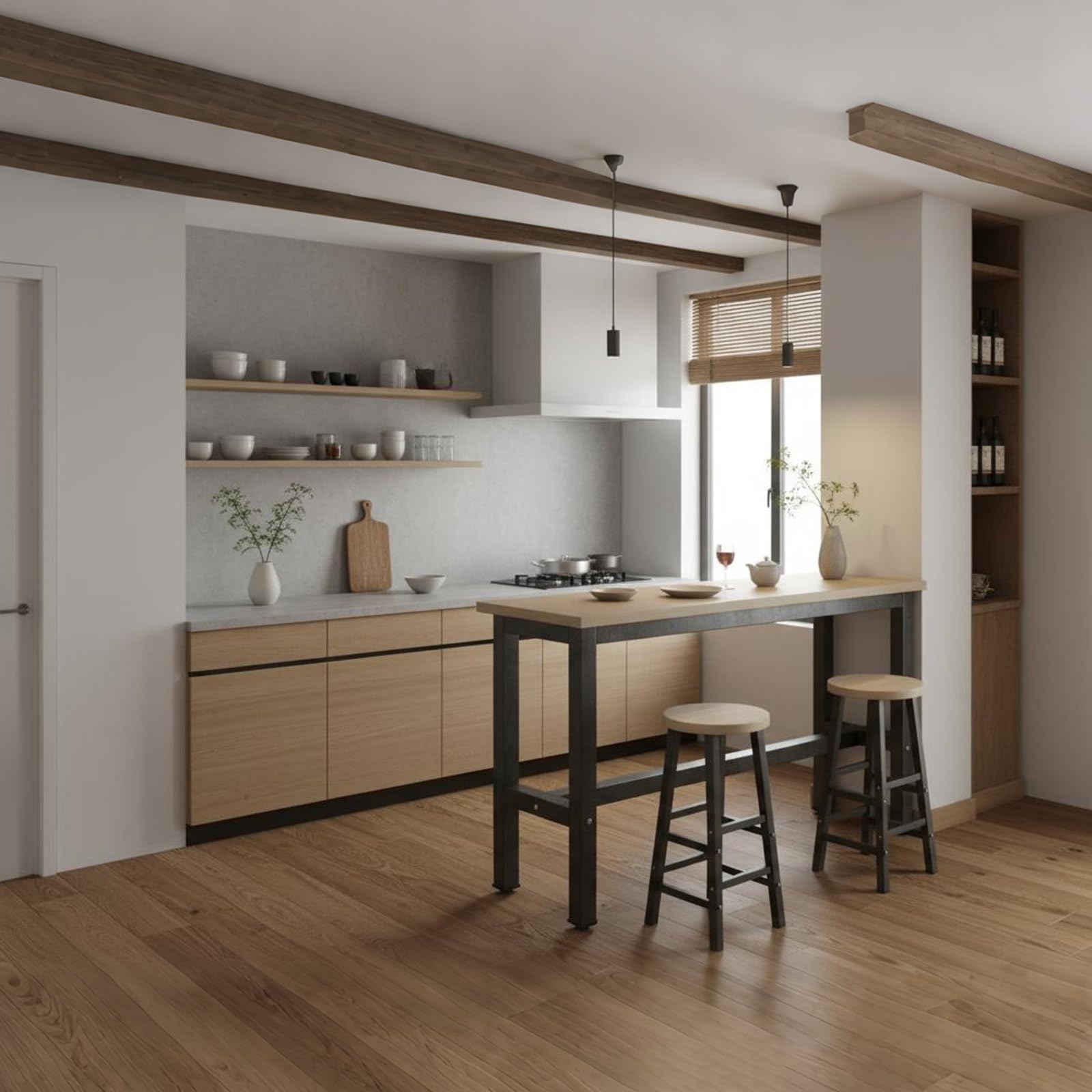 Table de bar de cuisine en noyer clair – 120 x 40 x 100 cm avec cadre en métal et capacité de 150 kg – Bureau café élégant pour salle à manger et divertissement à la maison