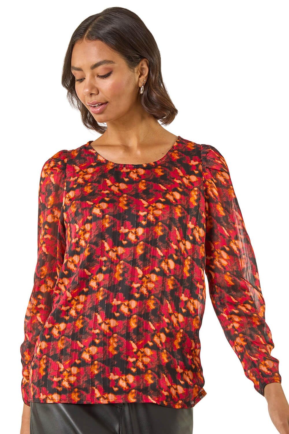 Roman Originals Women's Red Blur Satin Stripe Top For Uk - Everyday Autumn Winter Round Neckline Comfy Soft Evening Vacation Work Party Night Out - Size 18