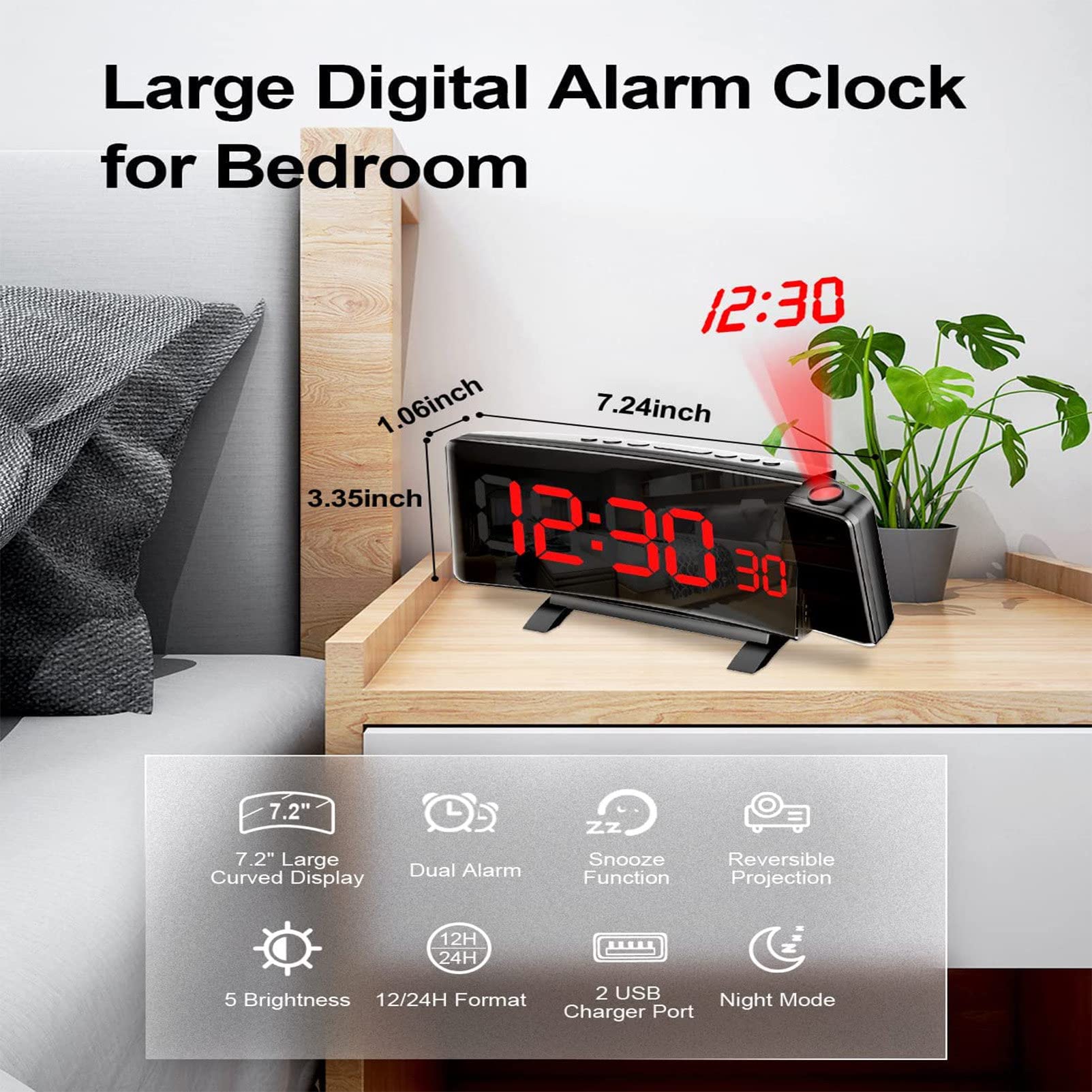 RayGenius Despertador Digital, Radio Despertador FM, Reloj Digital con Puerto de Carga USB, función Snooze, Pantalla de Espejo LED de 7", Doble Alarma, visualización de Temperatura y Humedad.