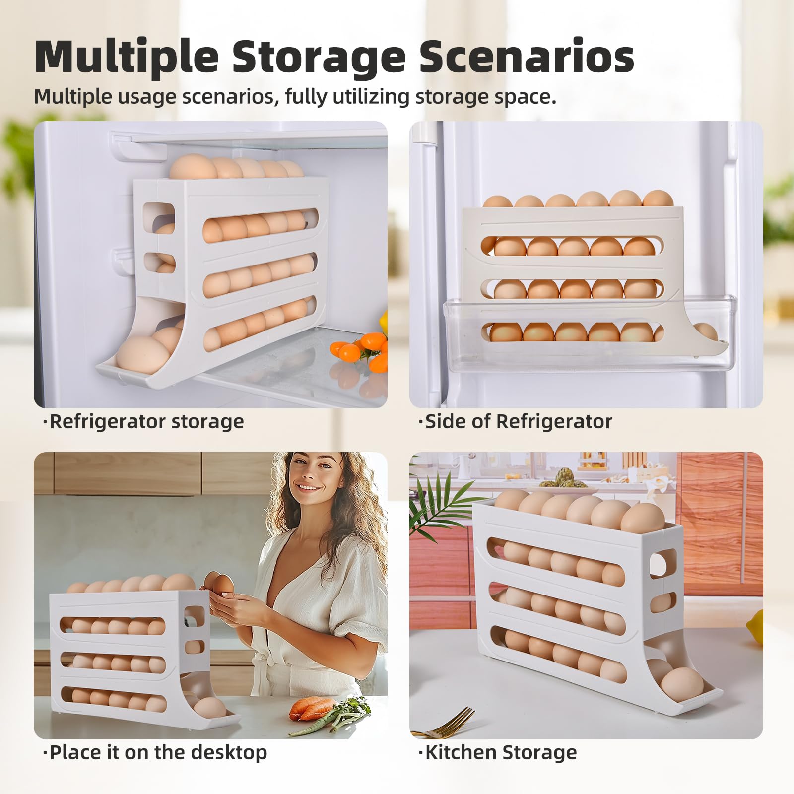 Soporte para 30 huevos para refrigerador, organizador de huevos con ruedas automáticas de 4 niveles para refrigerador, organizadores de refrigerador y almacenamiento (blanco) 7