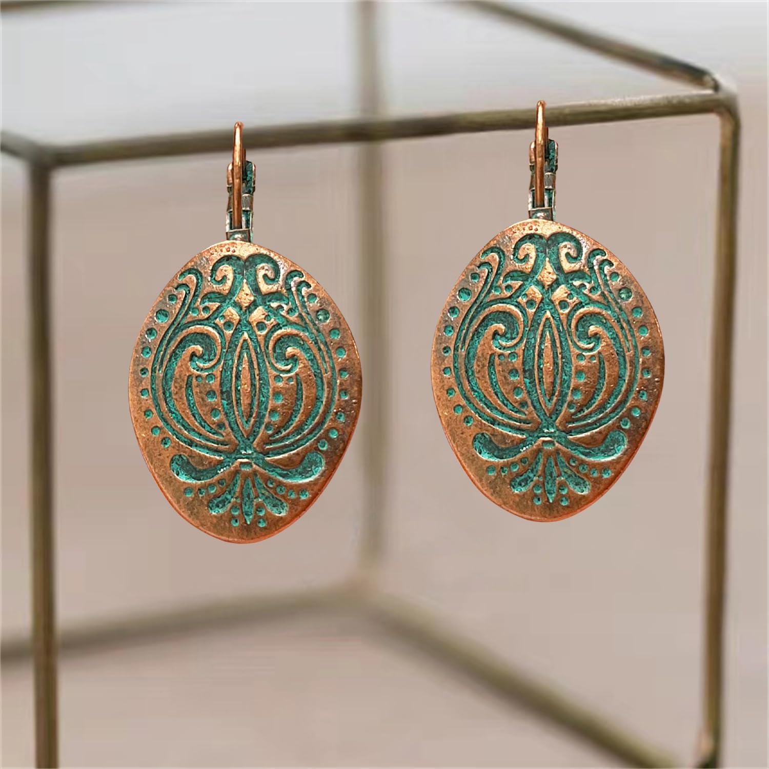 Unique Bohemian Vintage Bronze Totem Geometric Dangle Drop Earrings Personalized Boho Ethnic Oval Carved Lever Back Earrings for Women Jewelry Gifts - Image 6