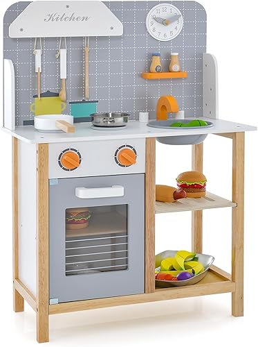 HONEY JOY Juego de cocina para niños, juego de cocina de madera para niños pequeños con fregadero, estufa y horno, accesorios de cocina, armario de