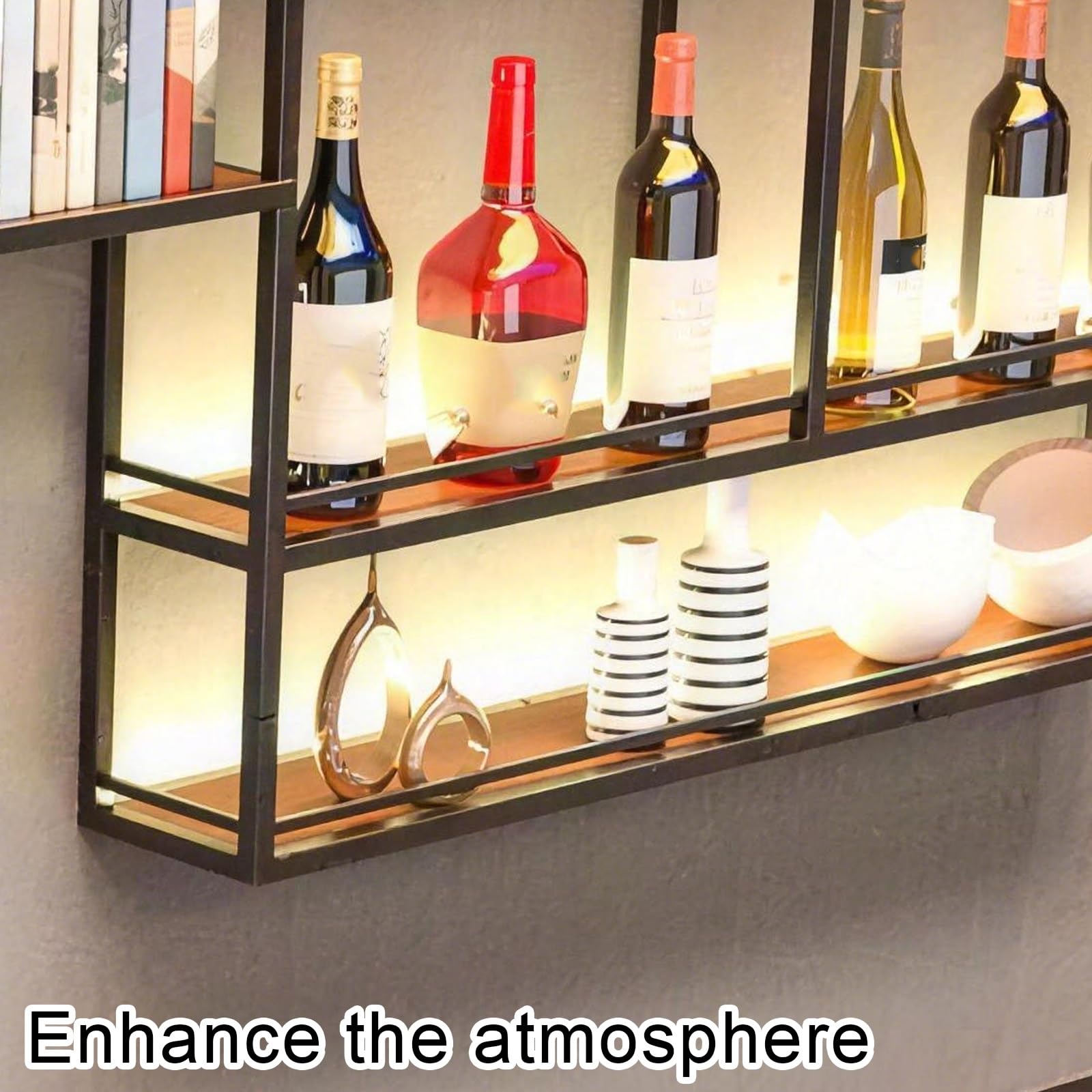 Botellero con Luz LED Botelleros Industrial Materiales de Metal Y Madera Estante Comercial para Vinos Diseño de 4 Niveles con Barandilla H120 Cm (47,2”) Estructura