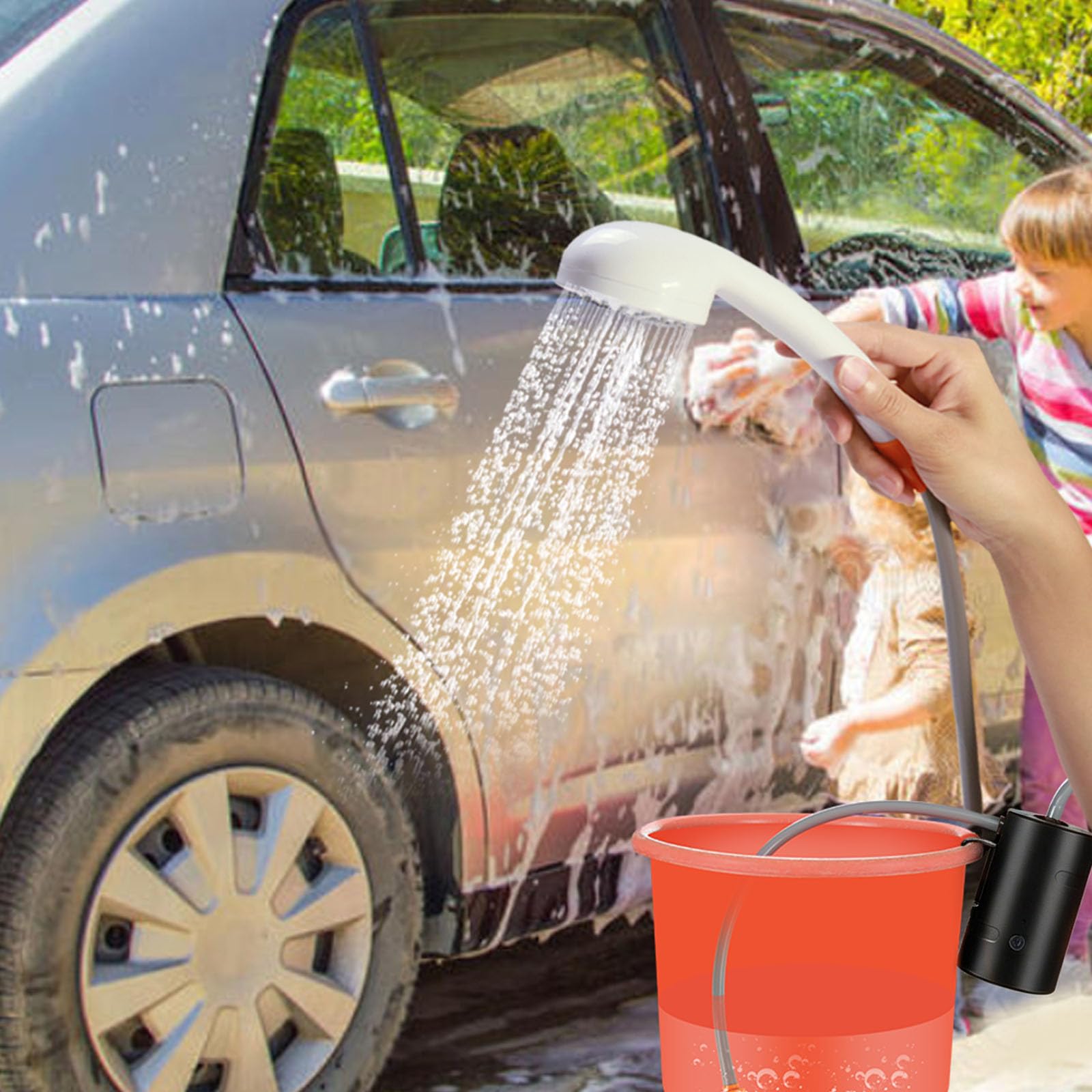 Ducha portátil al Aire Libre, IPX7 Resistente al Agua, con luz LED, batería de 4400 mha, Carga USB, Bomba de Ducha eléctrica+Bolsa de Agua de 20 l, Adecuada para Senderismo, mochilero
