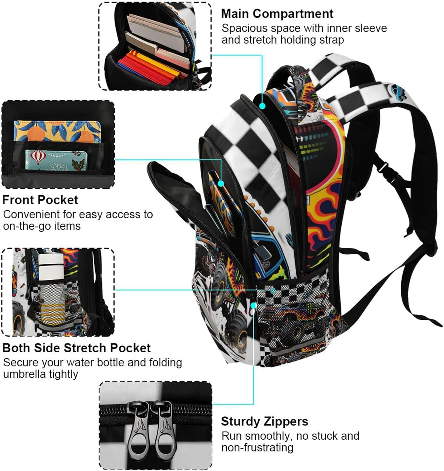 ALAZA Monster Truck Car Buffalo Plaid Check Backpacks Travel Laptop Daypack School Book Bag for Men Women Teens Kids