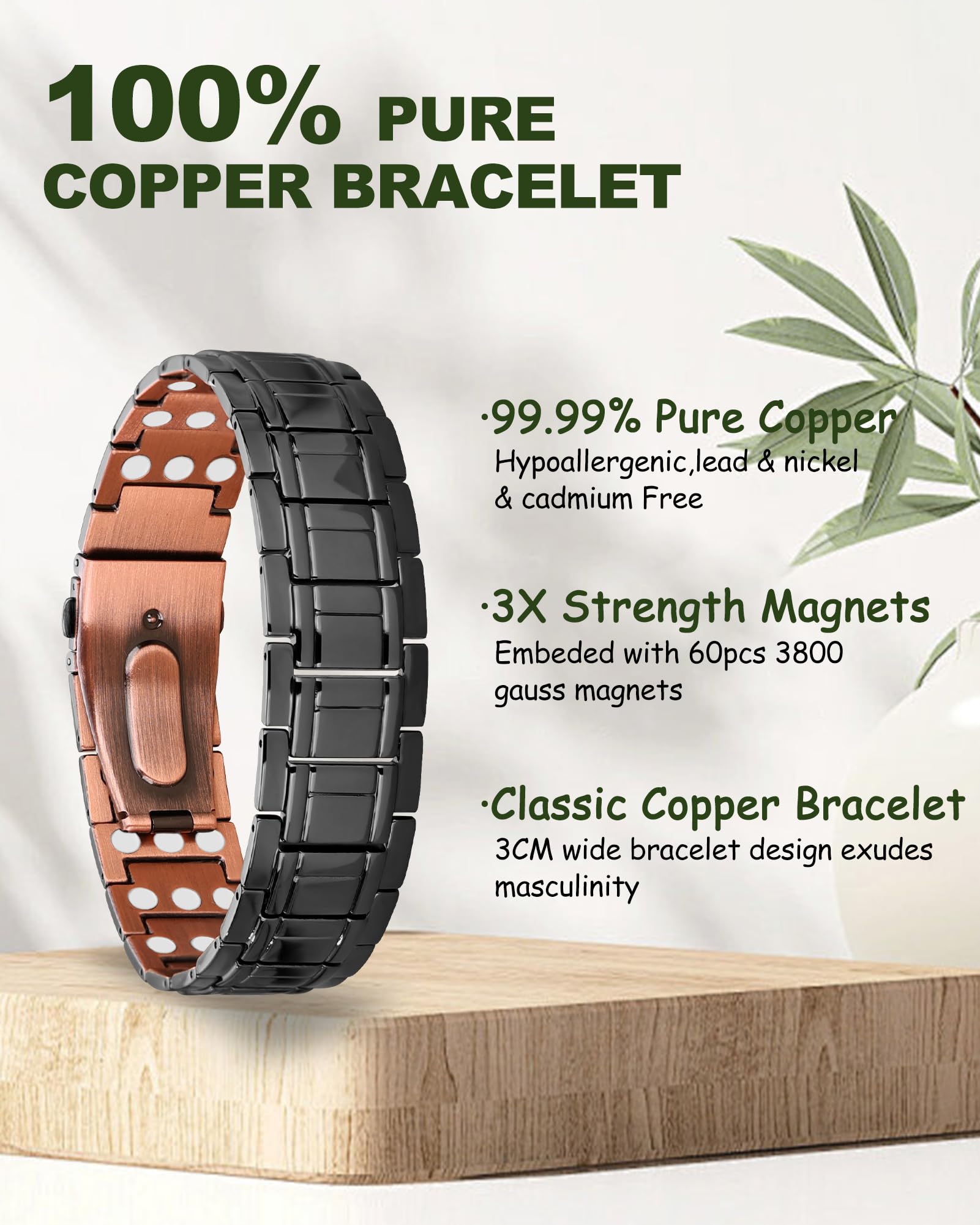 MagEnergy Pulsera de cobre para hombre, pulsera magnética ajustable con herramienta de extracción de eslabones