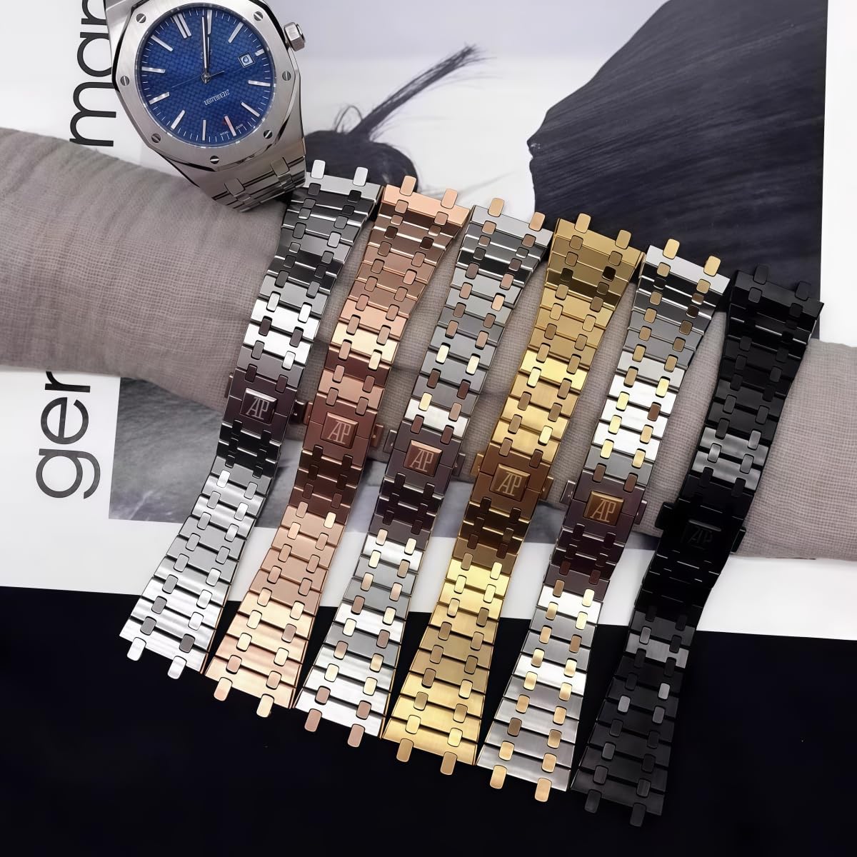 Szeroka Bransoleta Stal Nierdzewna 26mm, Ciężki Pasek Metalowy Szczotkowany, Matowy Zamiennik Lity dla Audemars Piguet Royal Oak-Złoty
