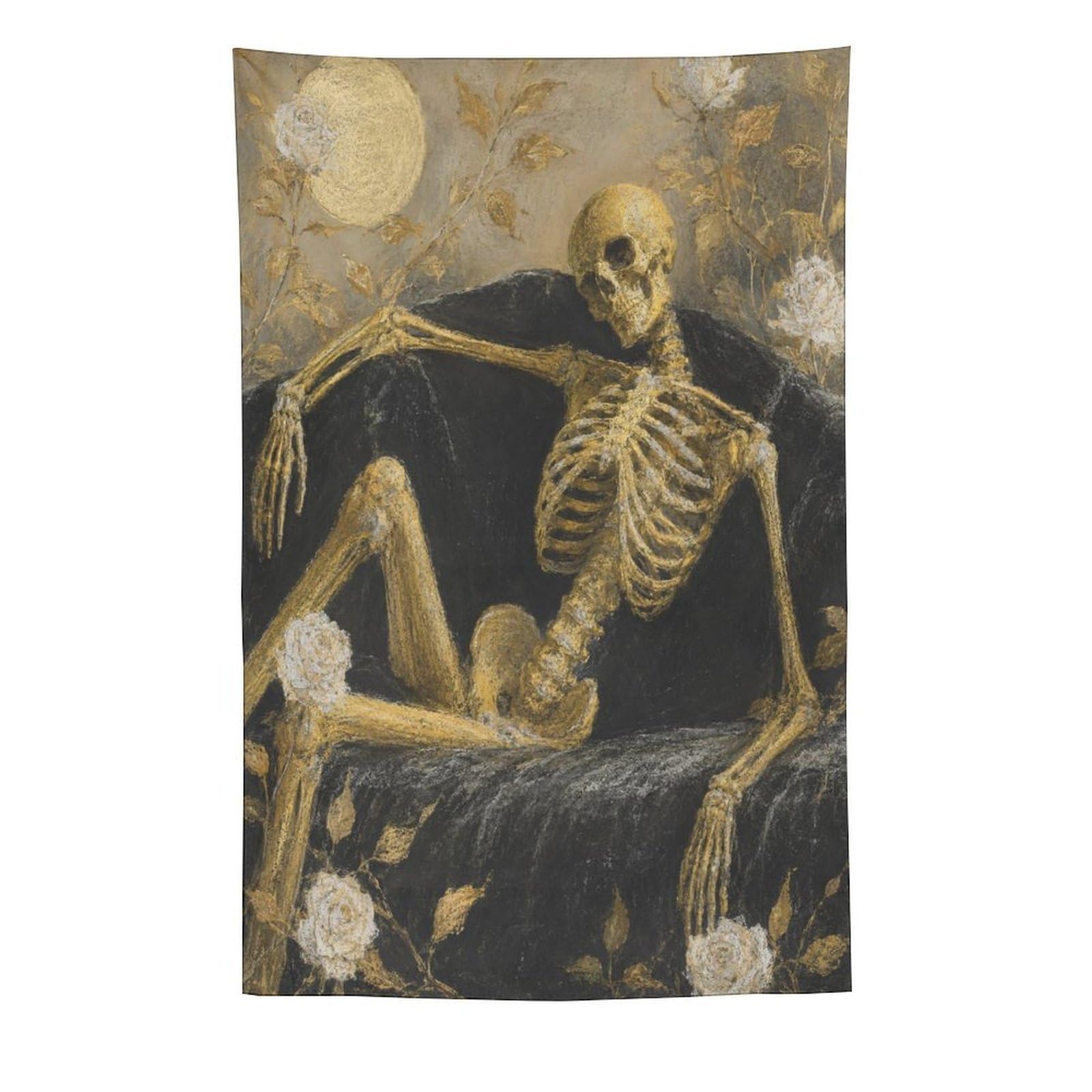 W7C8U2X3 Skeleton in Coffin Wall Tapestry, Fantasy Illustration