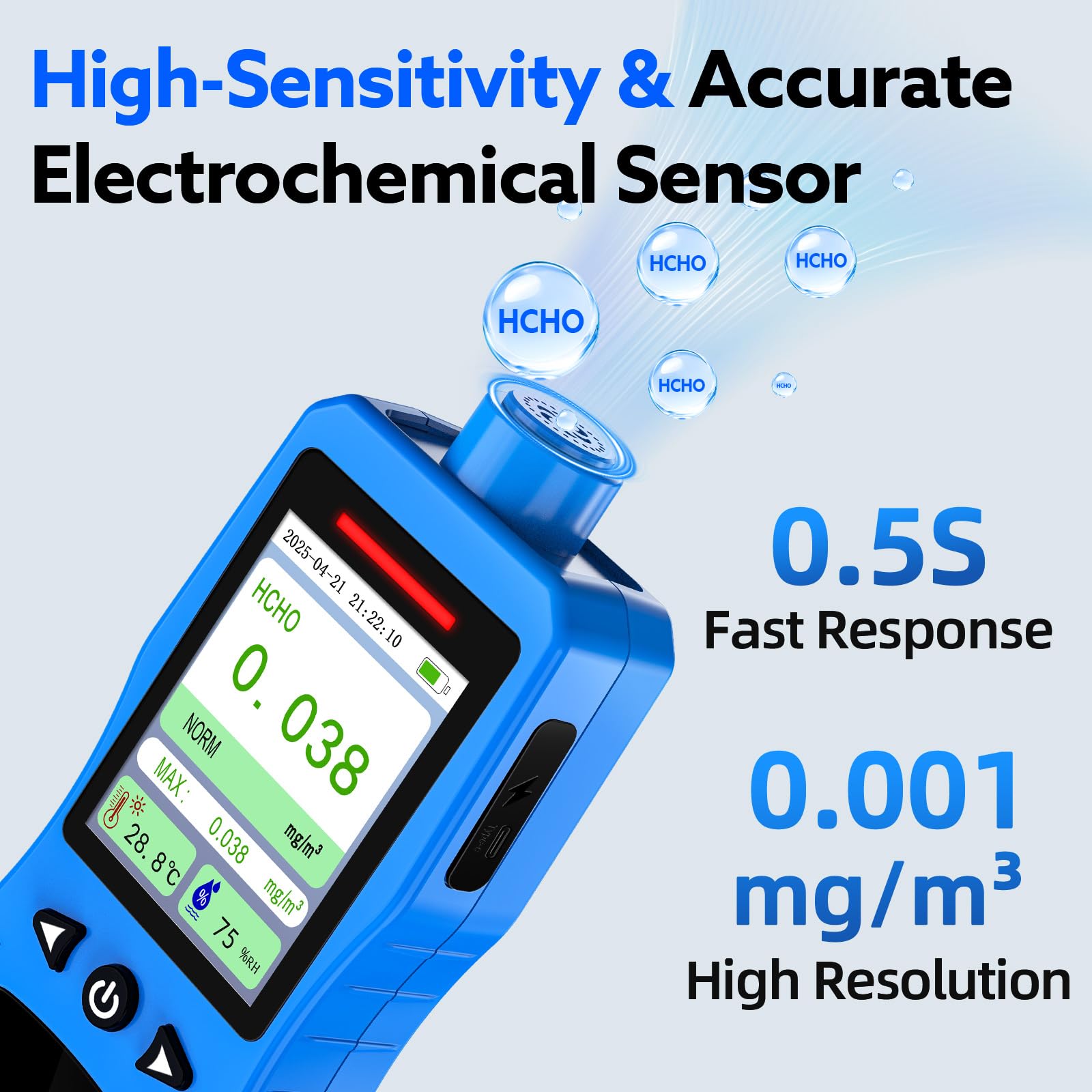 Detector de Formaldehído, Monitor de HCHO Recargable con Alarmas, Medidor de Temperatura y Humedad, Probador de Calidad del Aire de Formaldehído para Hogar y Trabajo