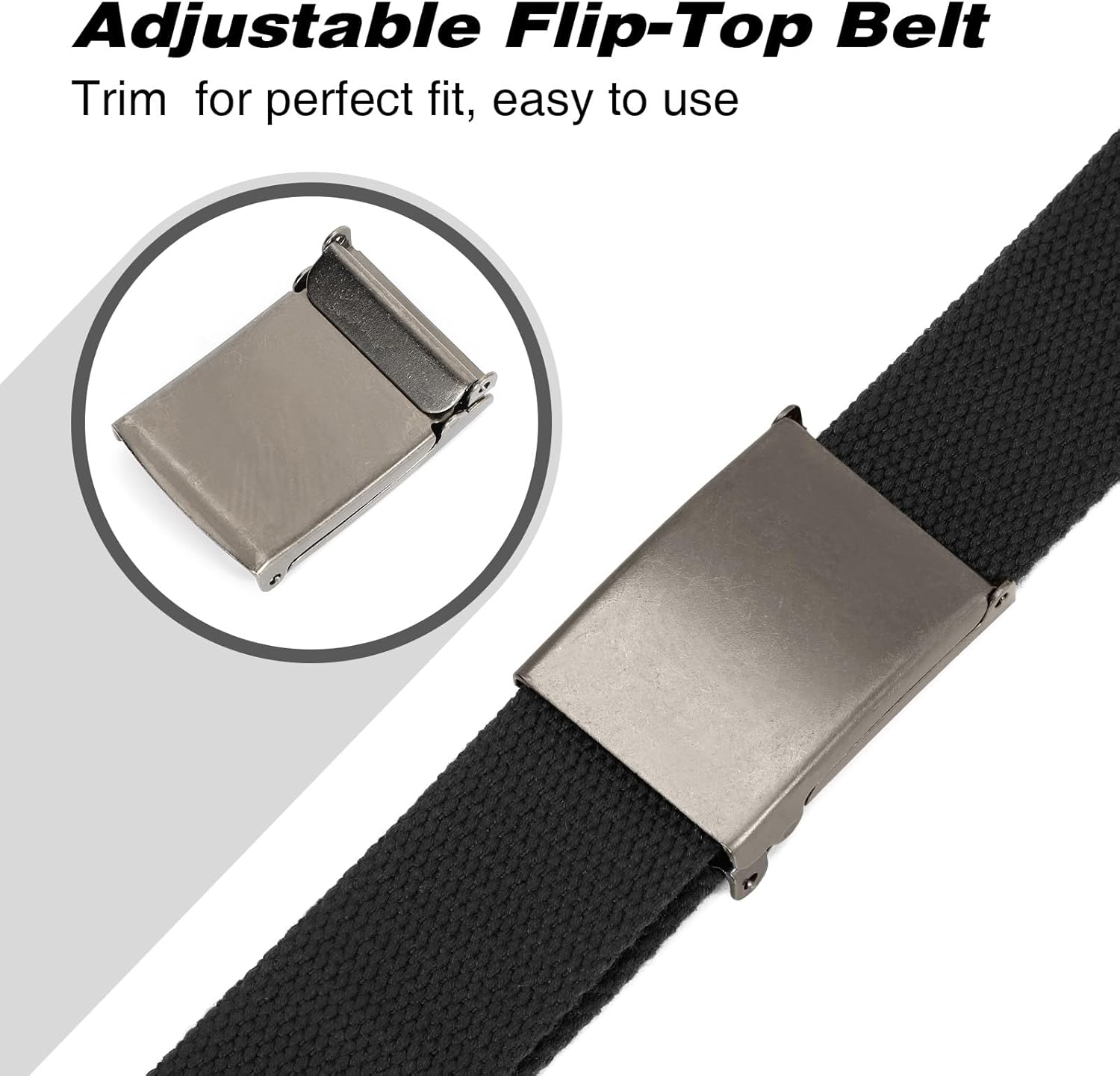 WHIPPY Canvas Web Belt Flip-Top Solid Black Military Buckle Fully Adjustable Mens Webbing Belts Cut To Fit - Image 3
