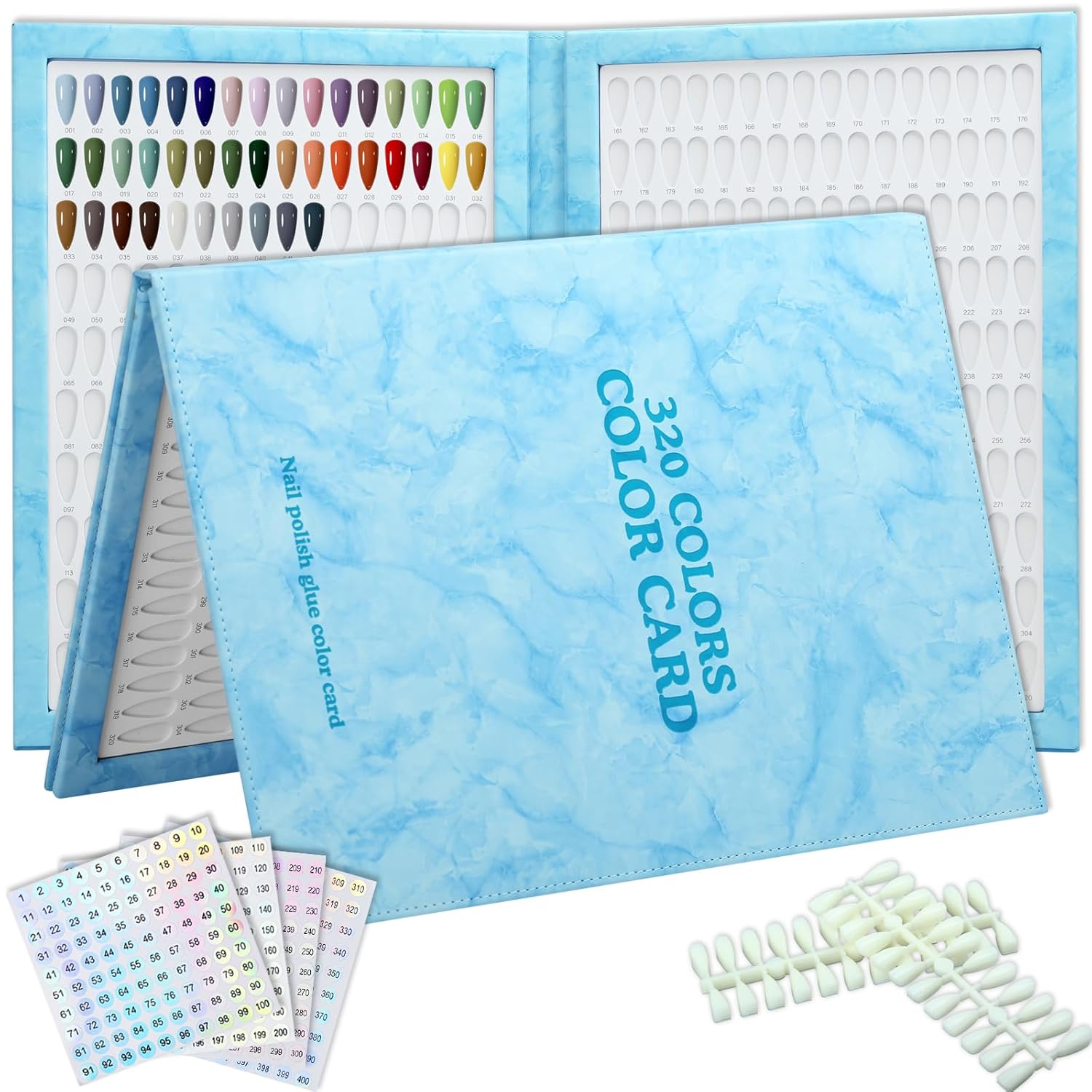 320 Nail Color Book,with 480 Flase Tips & 1-400 Number Sticker Labels,Leather Professional Nail Color Swatches Book for Polish UV Gel(Blue)