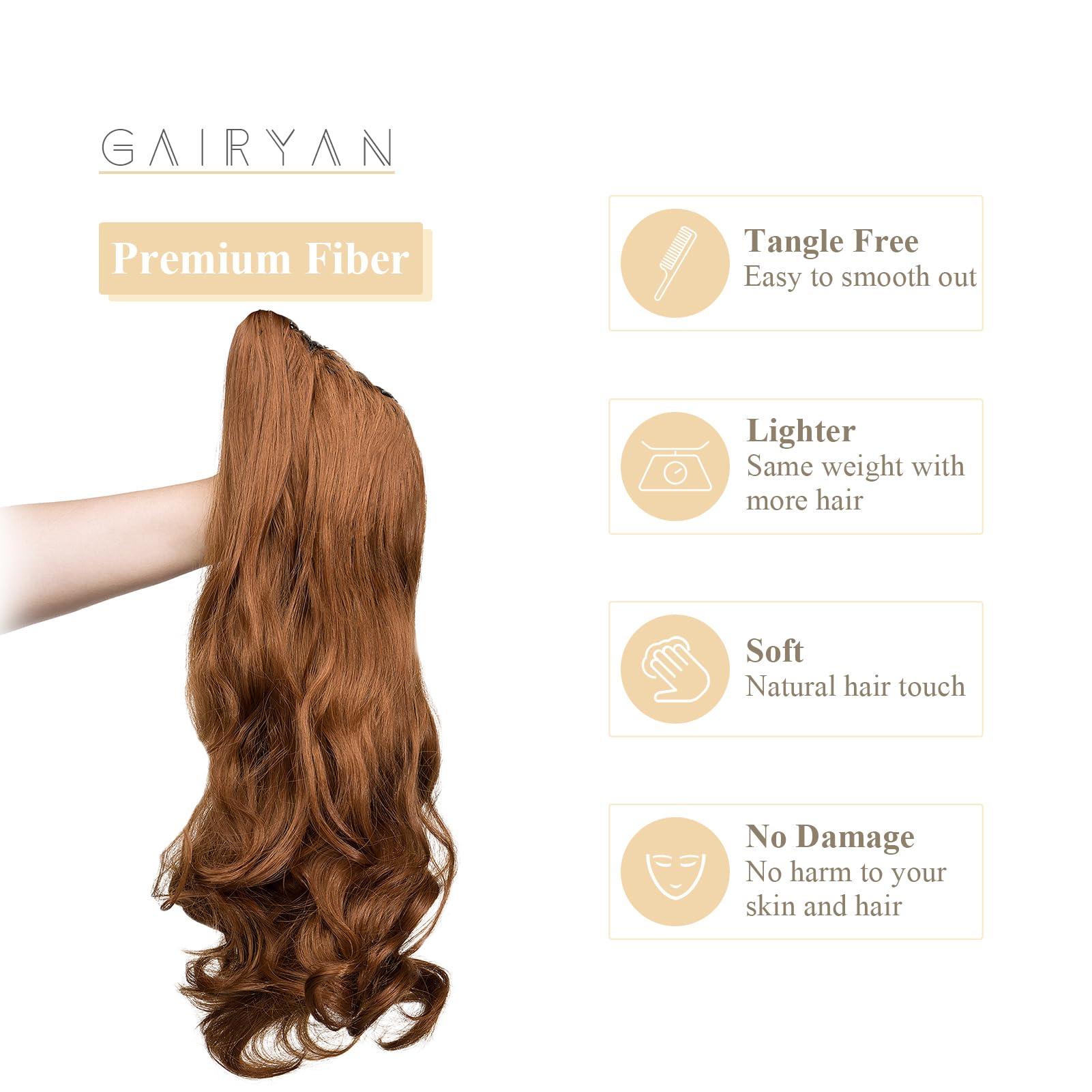 Gairyan 20inch Ponytail Extension Clip in Ponytail Hair Extensions Curly Wavy Pony Tails Claw on Ponytail Long Wave Synthetic Hairpieces for Women Soft Real Look (Light Auburn) - Image 3