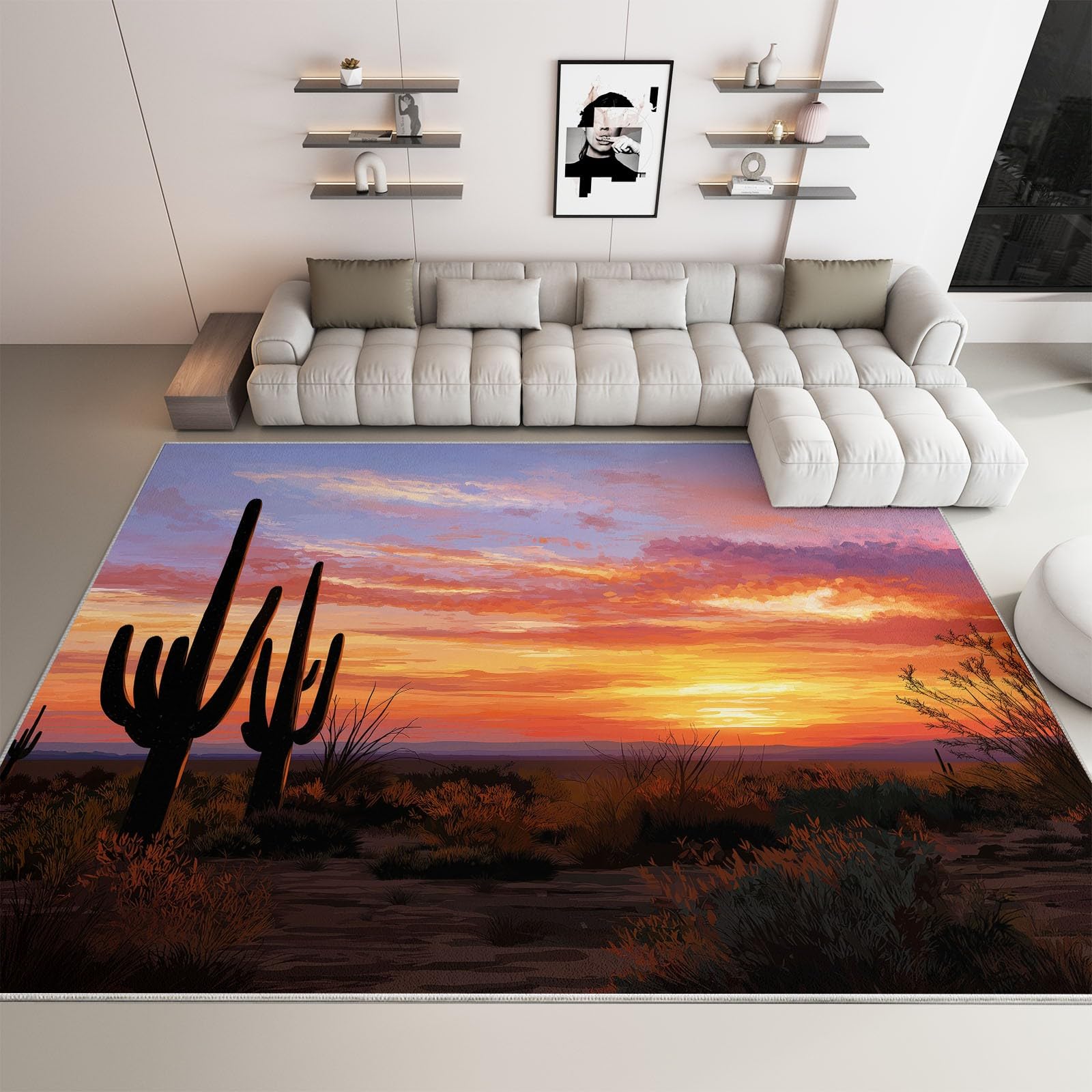 Teppich Wohnzimmer Sonnenuntergangs Wüstenkaktus 120x180cm Großer Flauschiger Kurzflor Teppich, Waschbarer Moderner rutschfest Teppiche für Esszimmer Küchen Schlafzimmer