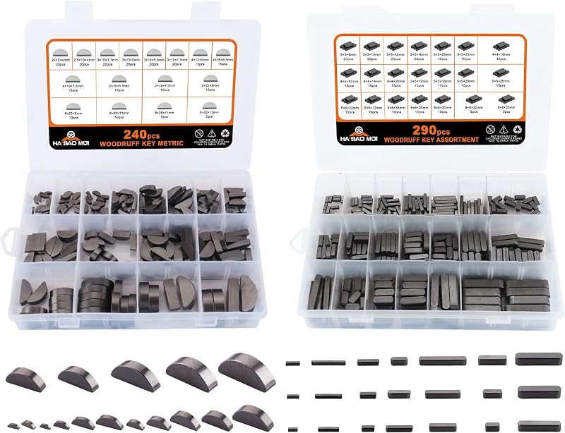 Kit de Chavetas Woodruff Métricas HASAOMOI em Aço Carbono – 530 Peças em 37 Tamanhos