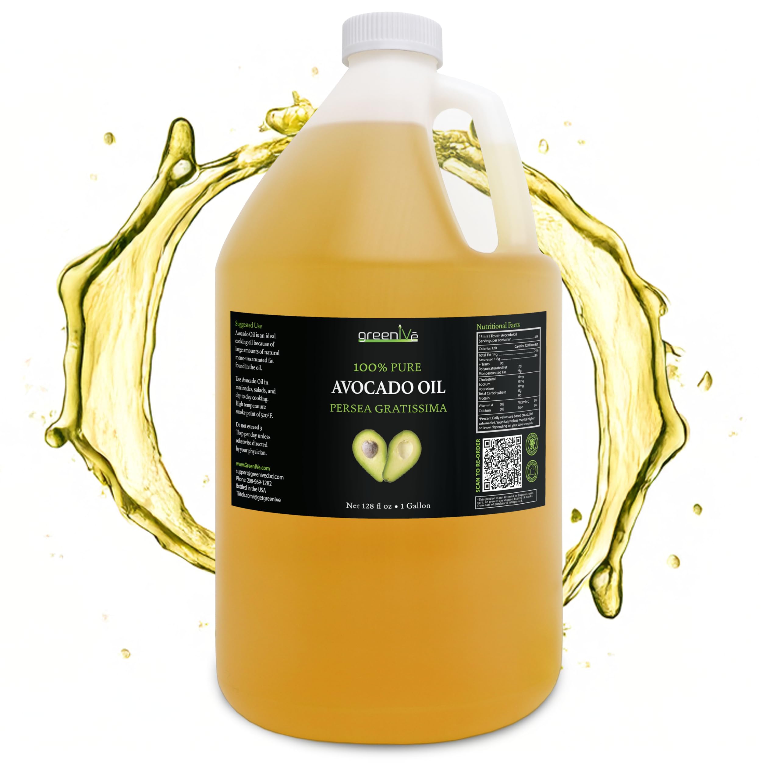GreenIVeAvocado Oil Naturally Grown 100% Pure Natural without Additives, Clean, Cold Pressed, Non-GMO, Vegan: For Cooking, Frying, Baking and for Sauces, Dressings, Marinades, Salads (1 Gallon)